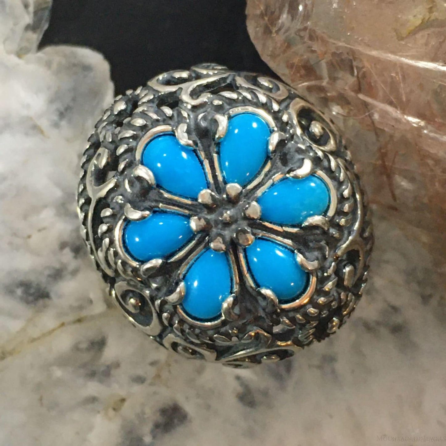 Carolyn Pollack Southwestern Style Sterling Silver 6 Turquoise Flower Ring For Women