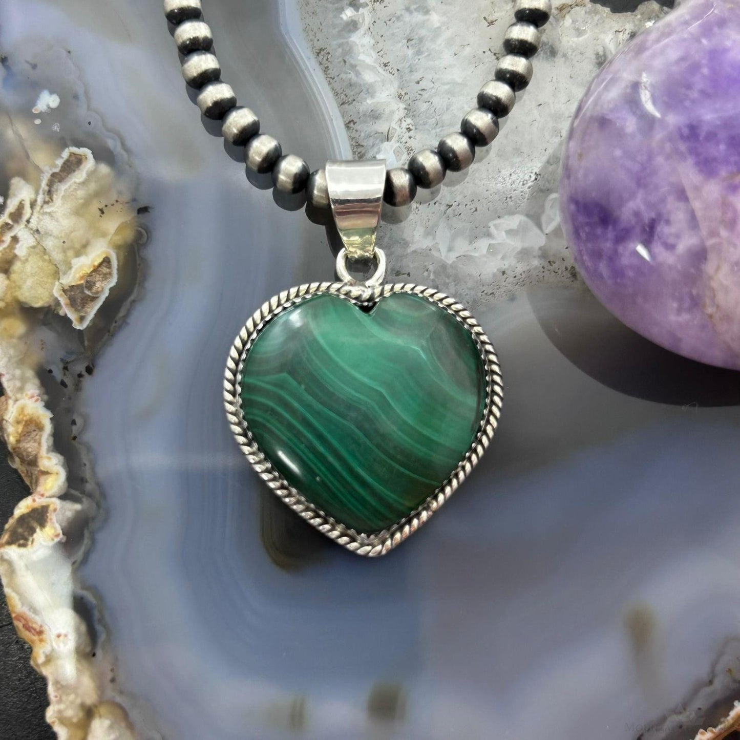 Sterling Silver Southwestern Style Malachite Heart Pendant For Women #1