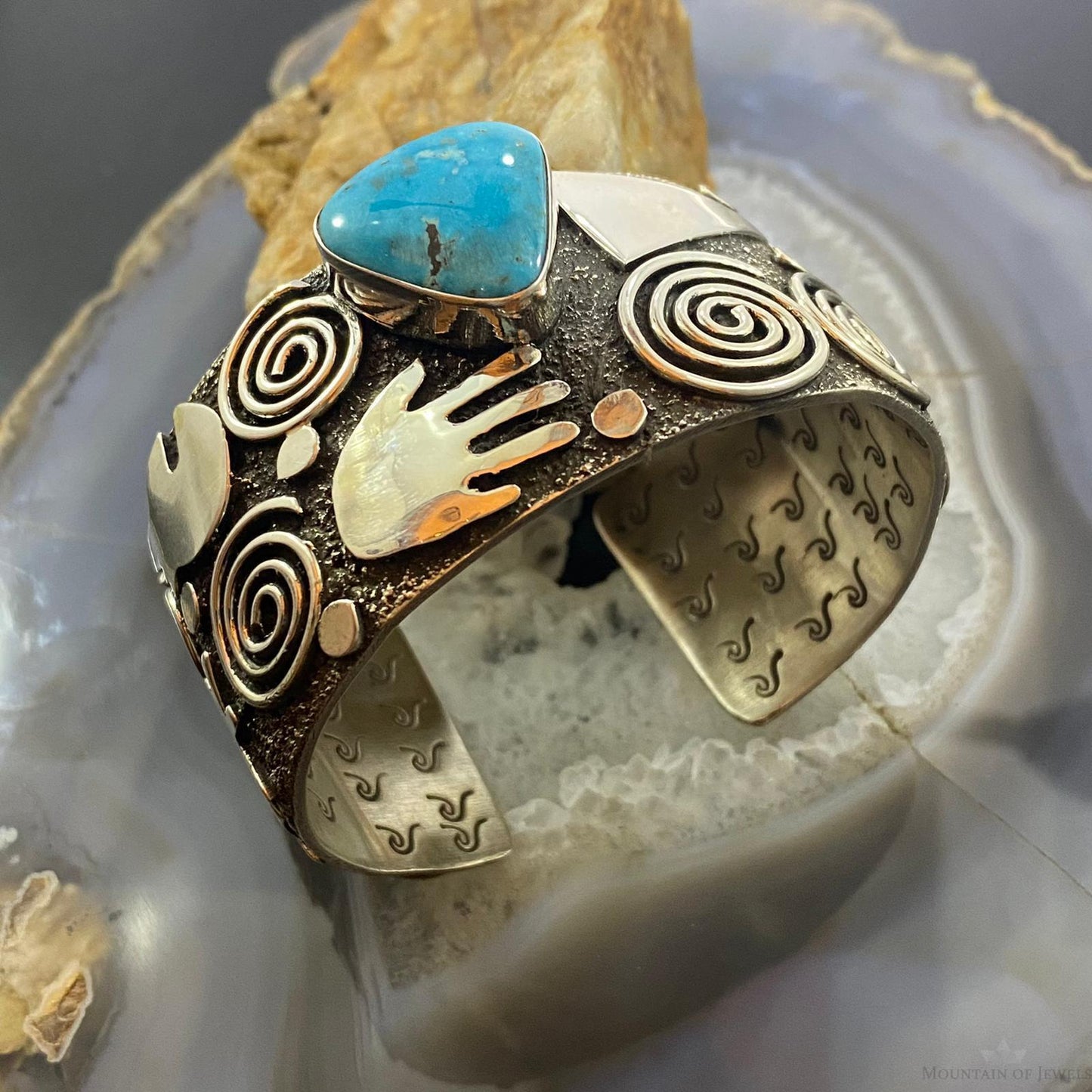 Alex Sanchez Native American Sterling Silver Petroglyph Turquoise Wide Bracelet