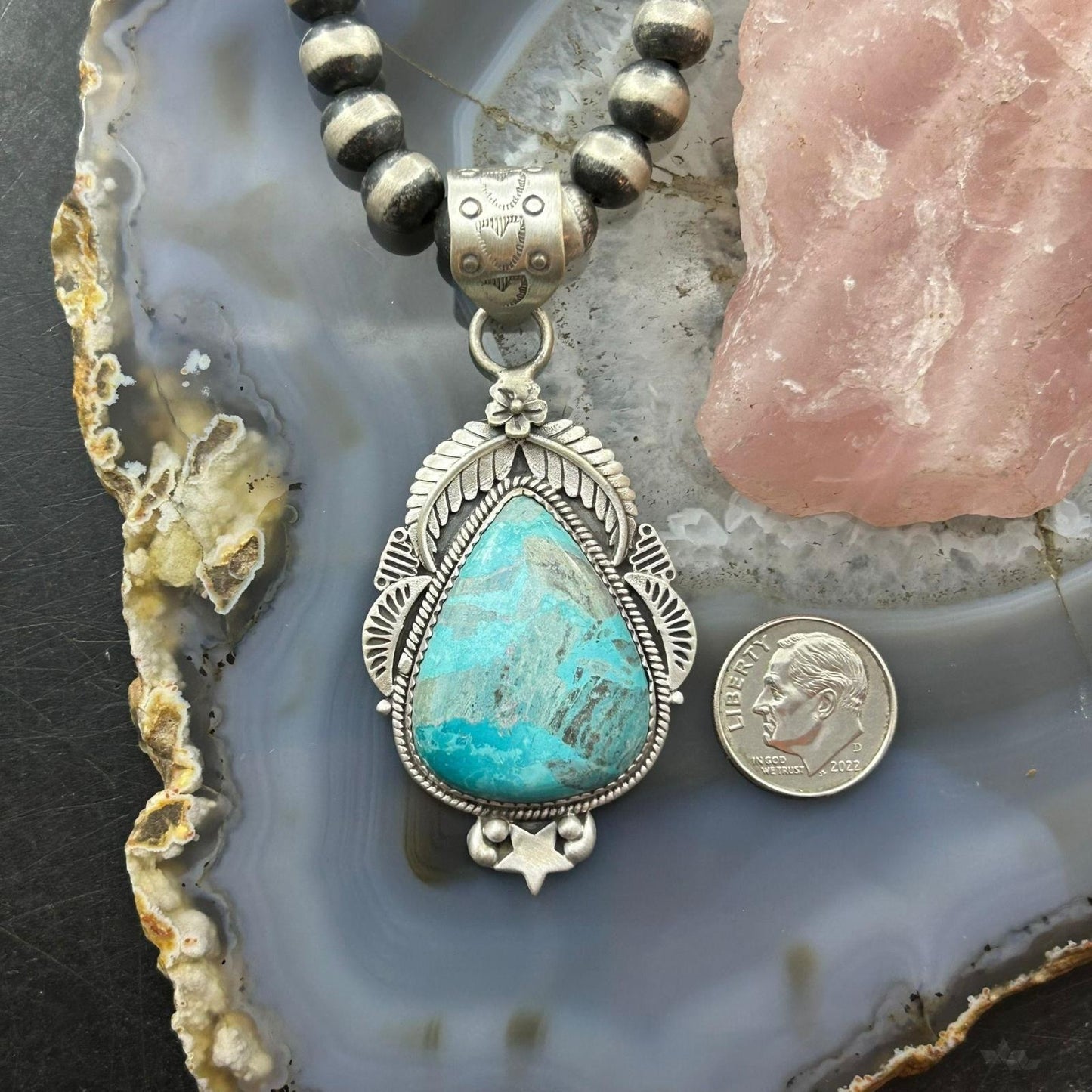 Sterling Silver Southwestern Style Teardrop Turquoise Decorated Pendant For Women