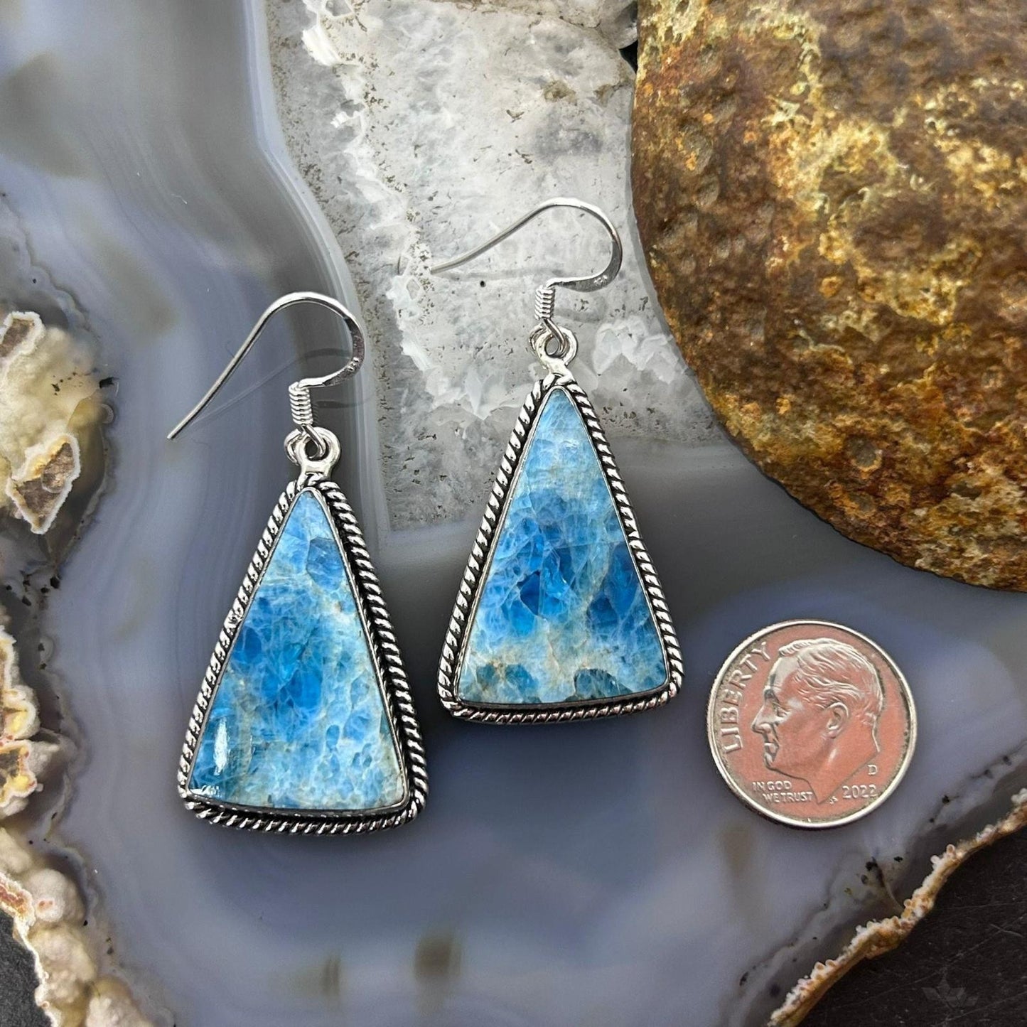 Sterling Silver Southwestern Style Triangle Blue Apatite Dangle Earrings For Women