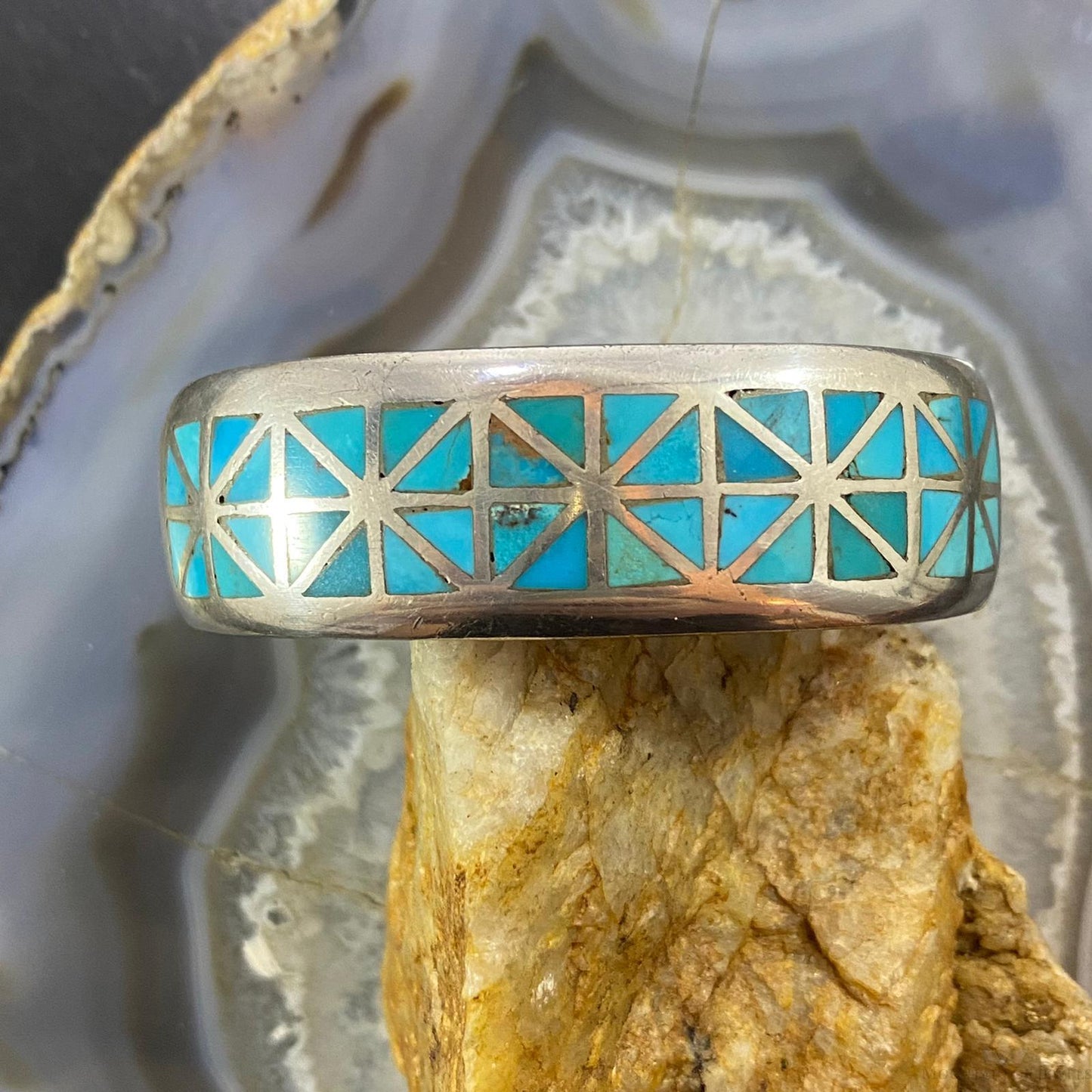 Vintage Native American Silver Geometric Turquoise Inlay Bracelet For Women