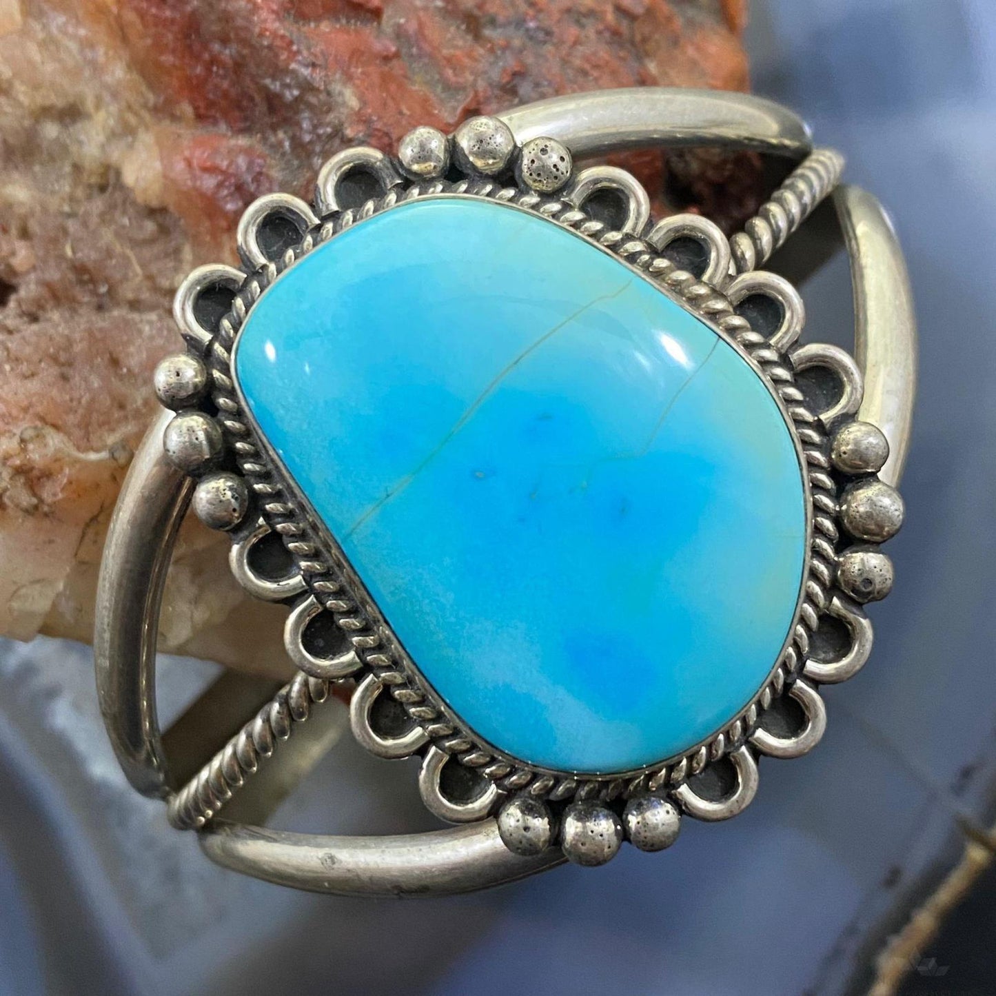 Vintage Native American Sterling Silver Turquoise Decorated Split Shank Bracelet