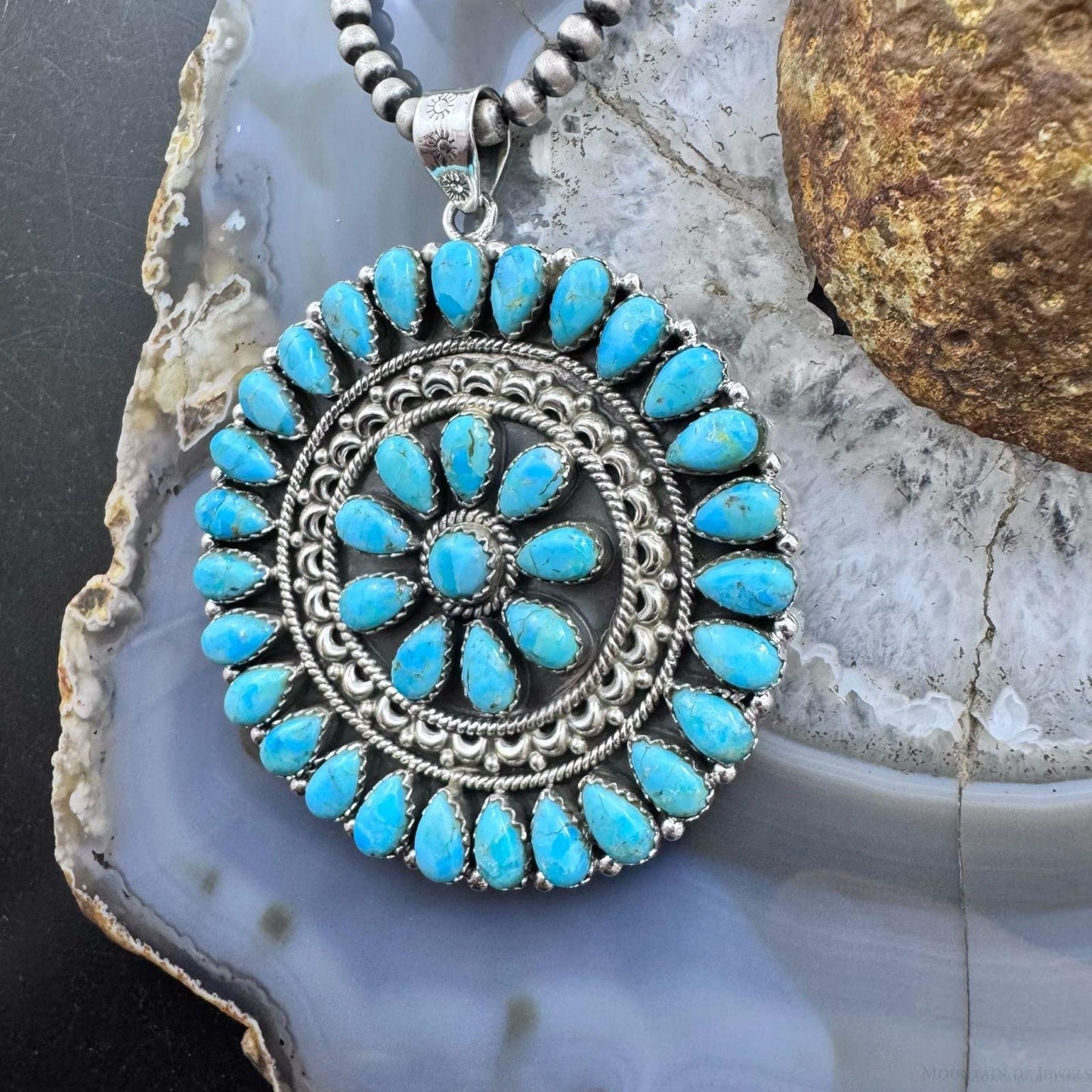 Sterling Silver Southwestern Style Turquoise Decorated Round Cluster Pendant For Women