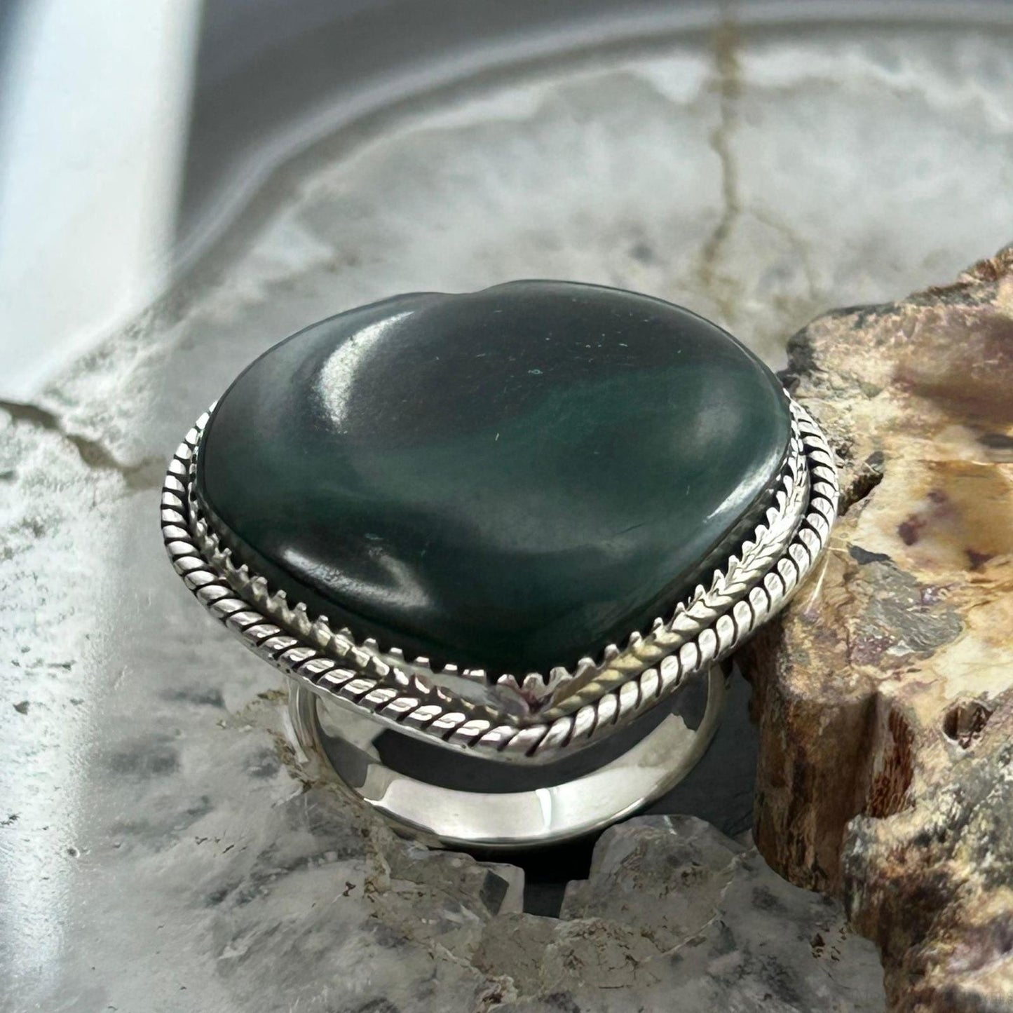 Sterling Silver Southwestern Style Malachite Heart Shape Ring Size 6 For Women