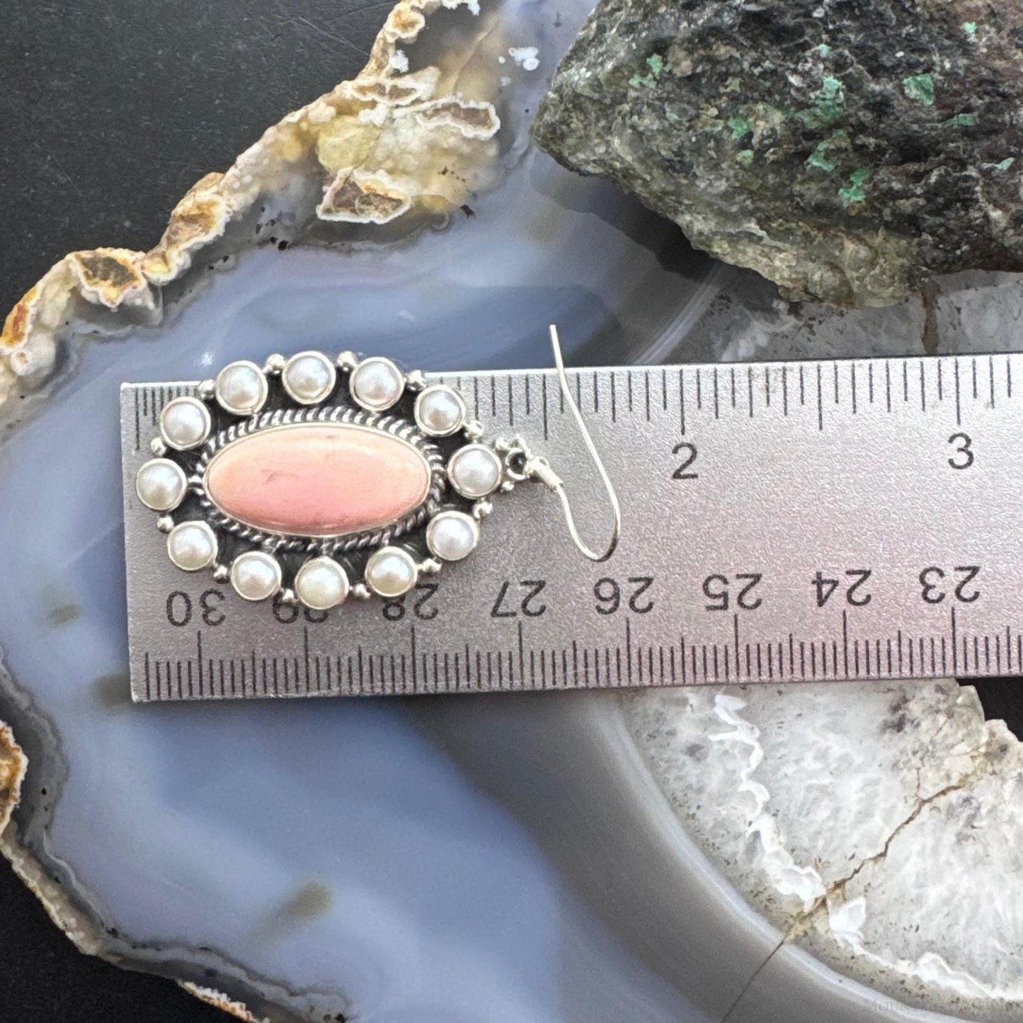 Native American Sterling Silver Oval Pink Conch w/Gray Pearls Dangle Earrings For Women