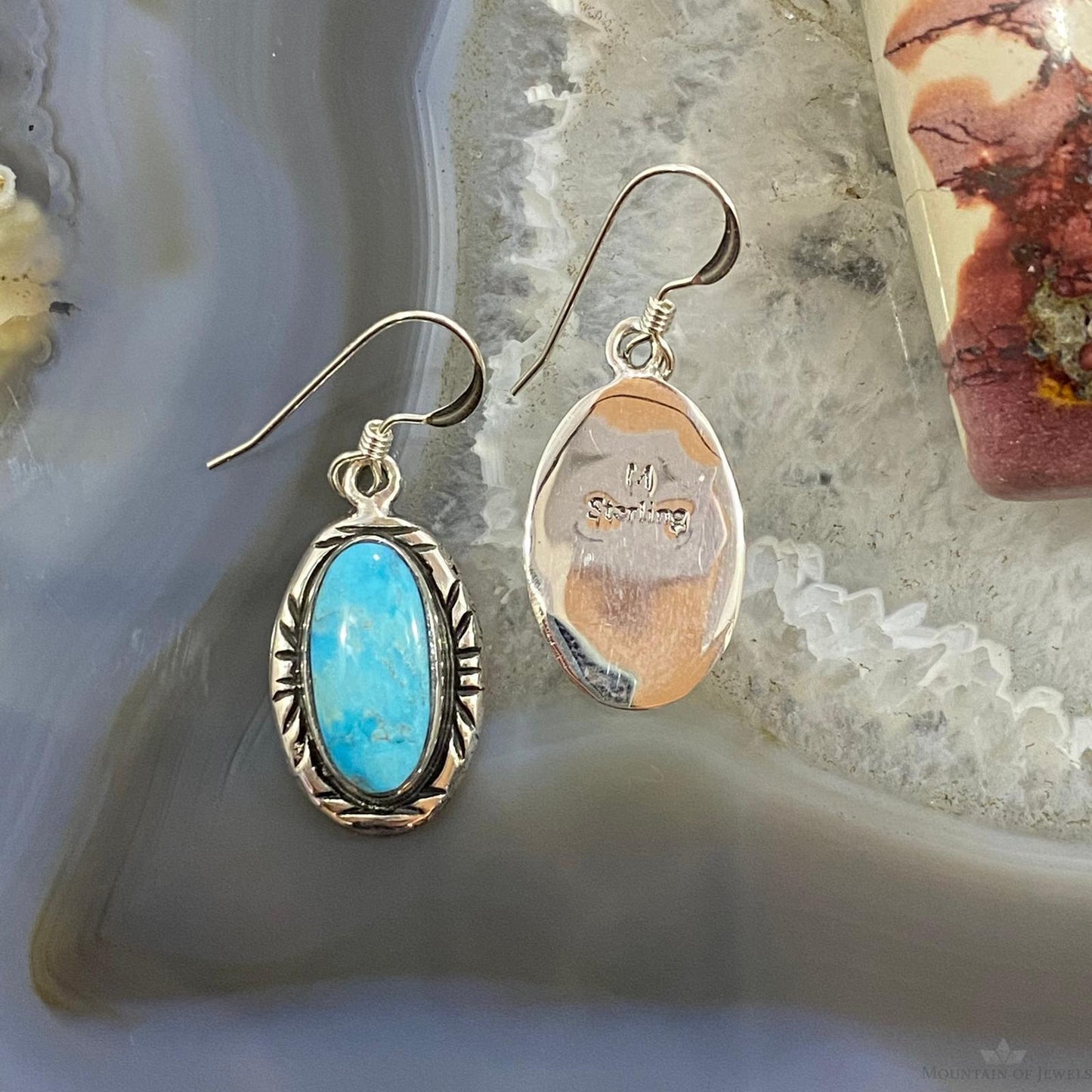 Native American Sterling Oval Blue Ridge Turquoise Dangle Earrings For Women