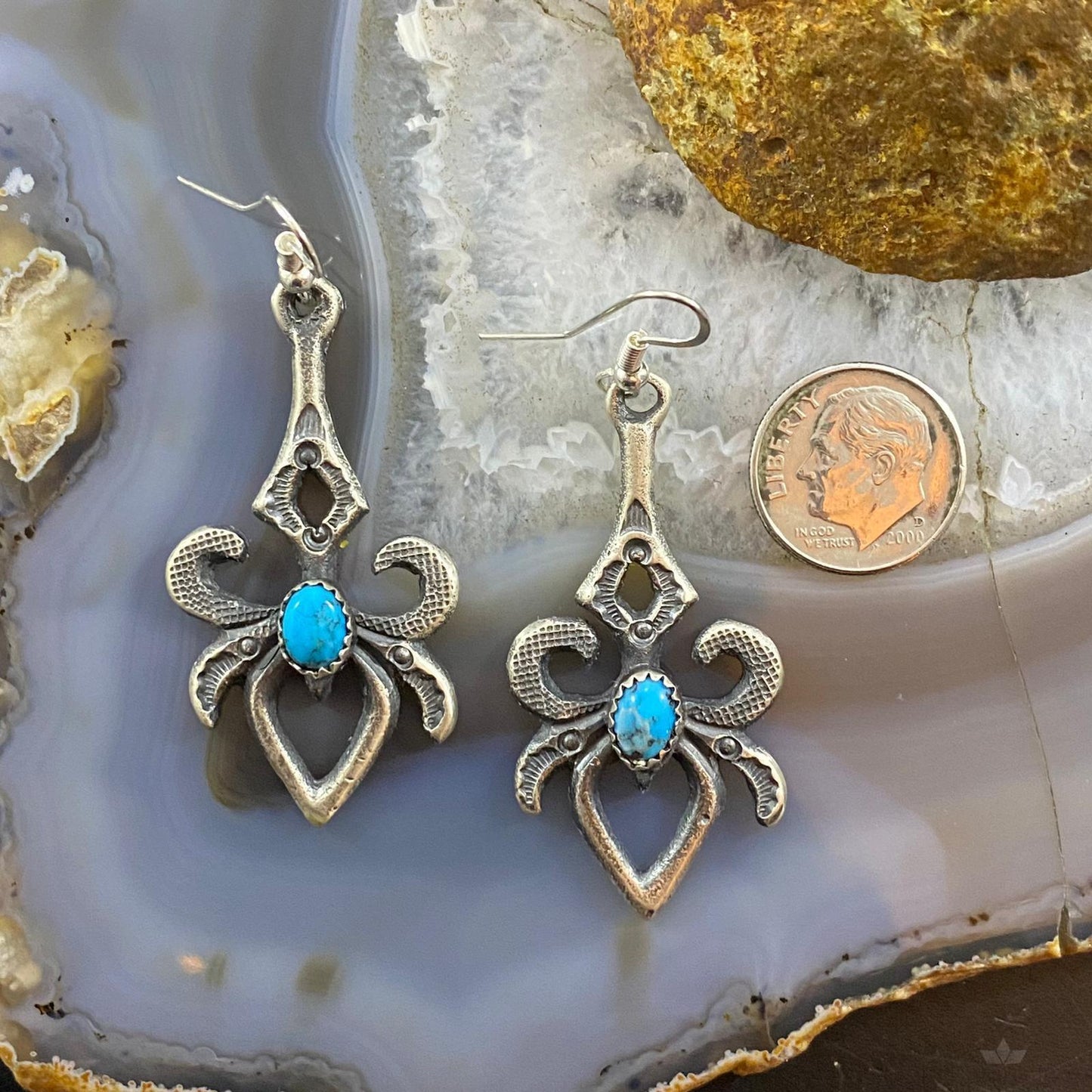 Kevin Billah Sterling Silver Stamped Sand Cast w/Kingman Turquoise Dangle Earrings