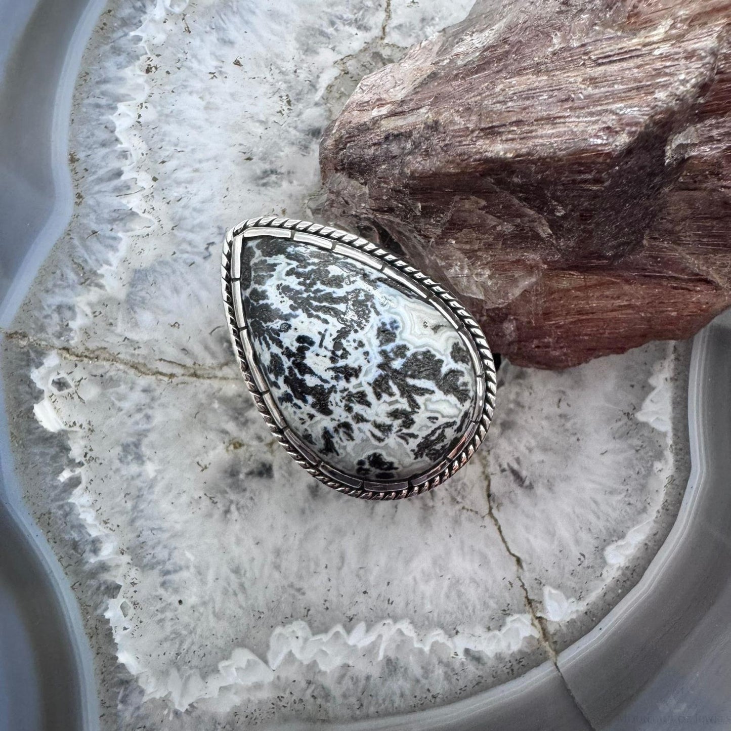 Sterling Silver Southwestern Style Teardrop Parral Dendritic Decorated Ring Size 10 For Women