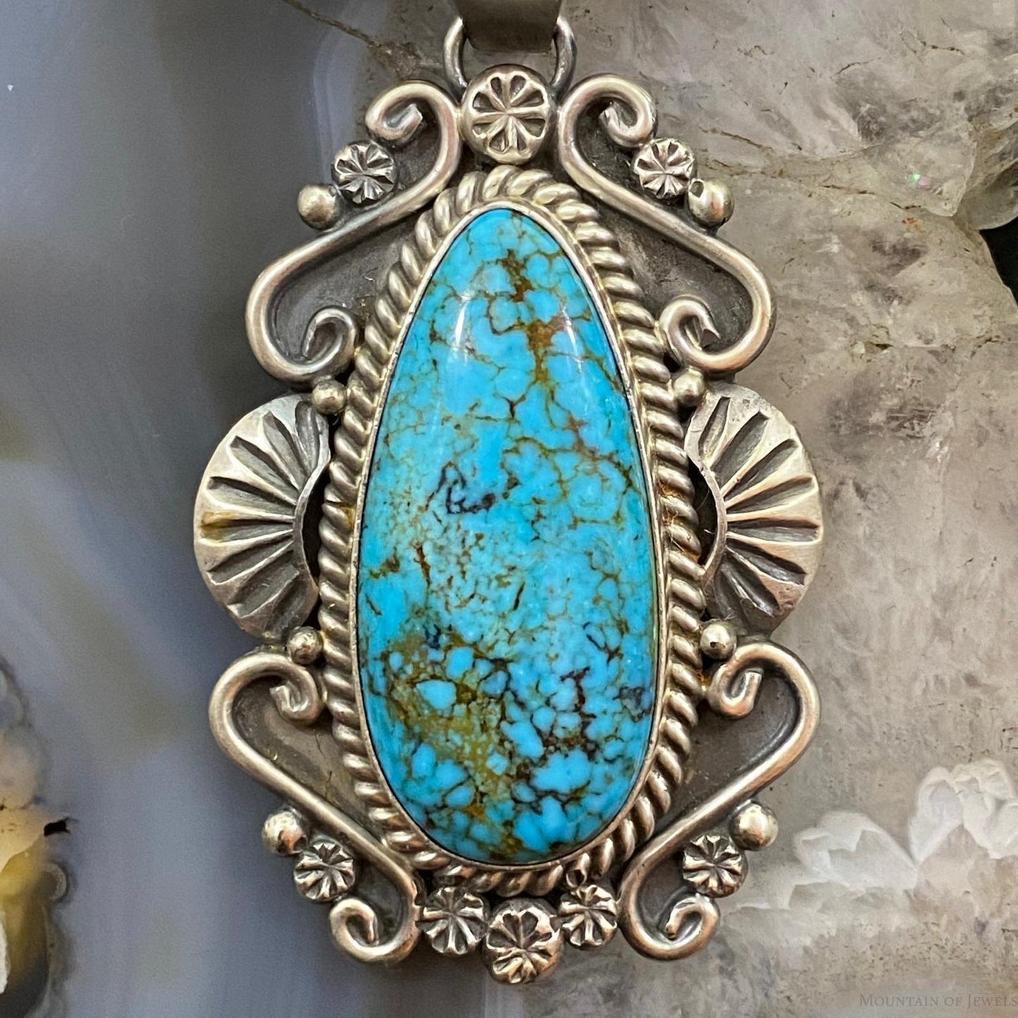 Mary Ann Spencer Sterling Silver Elongated Kingman Turquoise Decorated Pendant