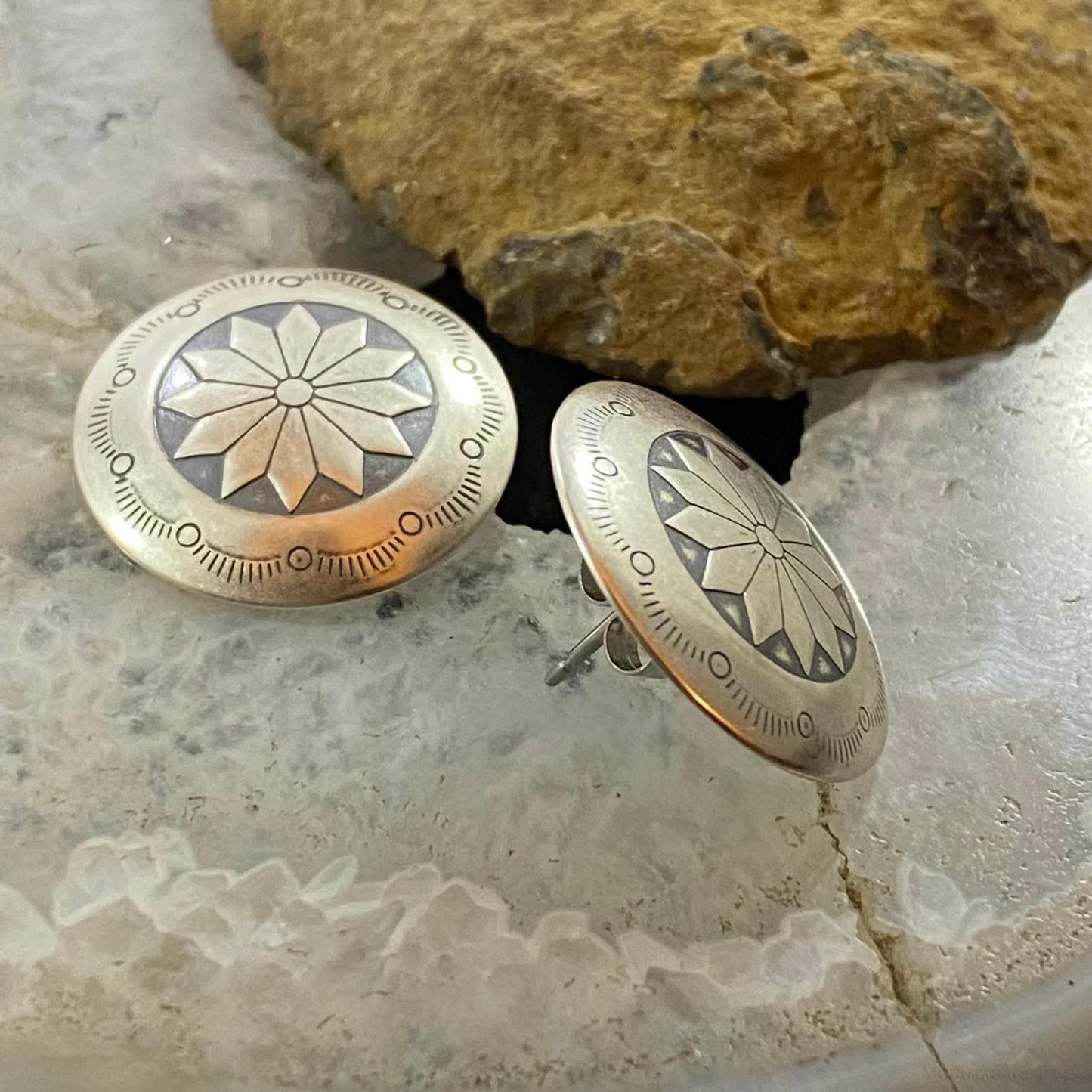 Native American Sterling Round Stamped Floral Concho Stud Earrings For Women