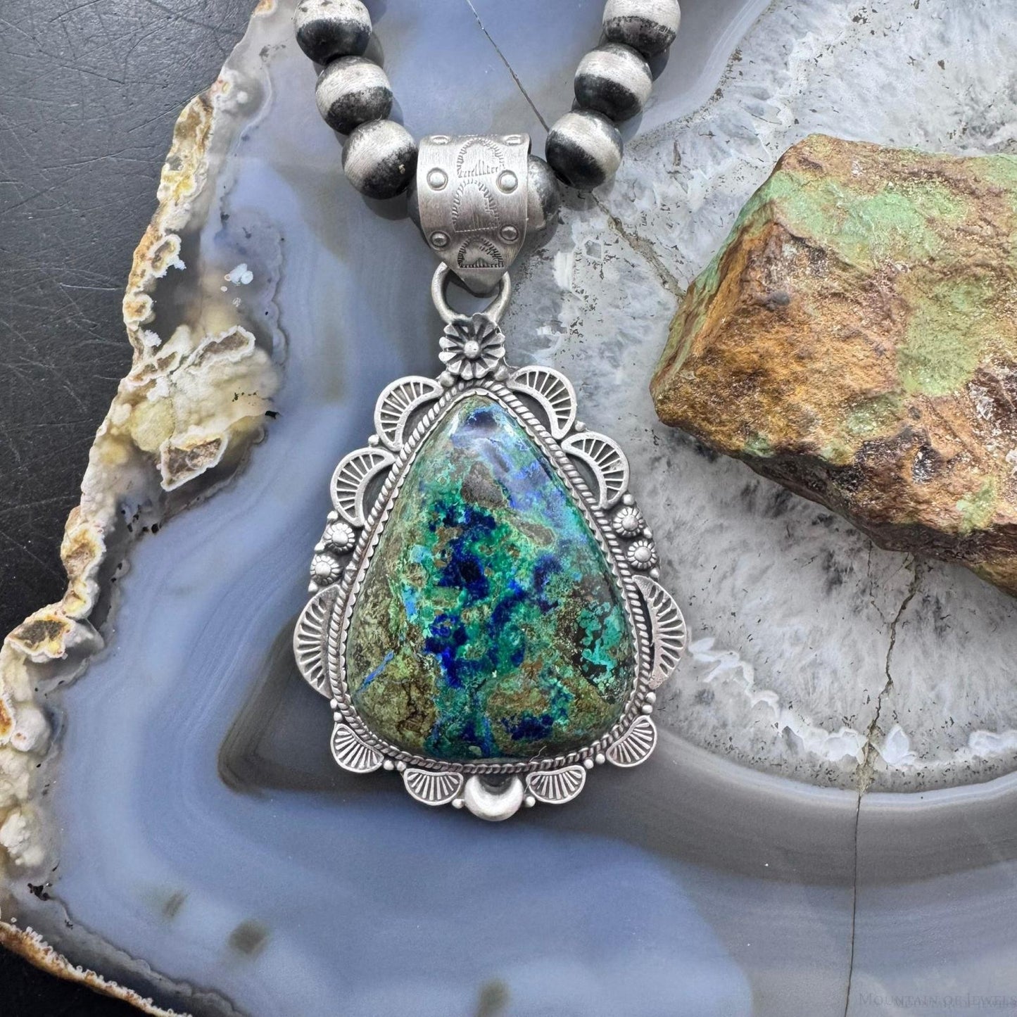 Sterling Silver Southwestern Style Teardrop Chrysocolla Decorated Pendant For Women