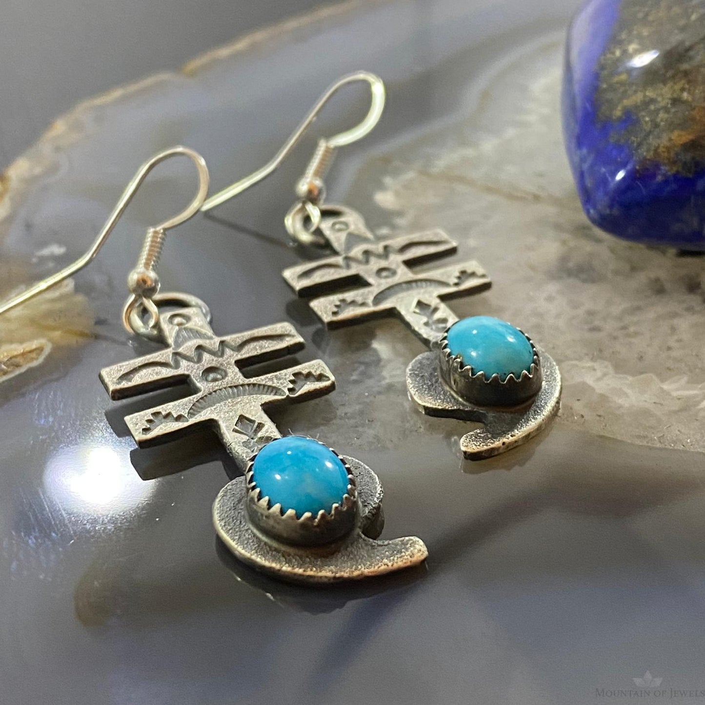 Kevin Billah Native American Sterling Silver Turquoise Cross & Heart Dangle Earrings For Women
