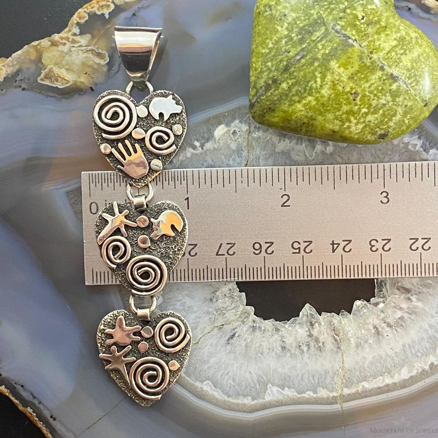 Alex Sanchez Native American Sterling Silver Petroglyph Triple Heart Pendant For Women