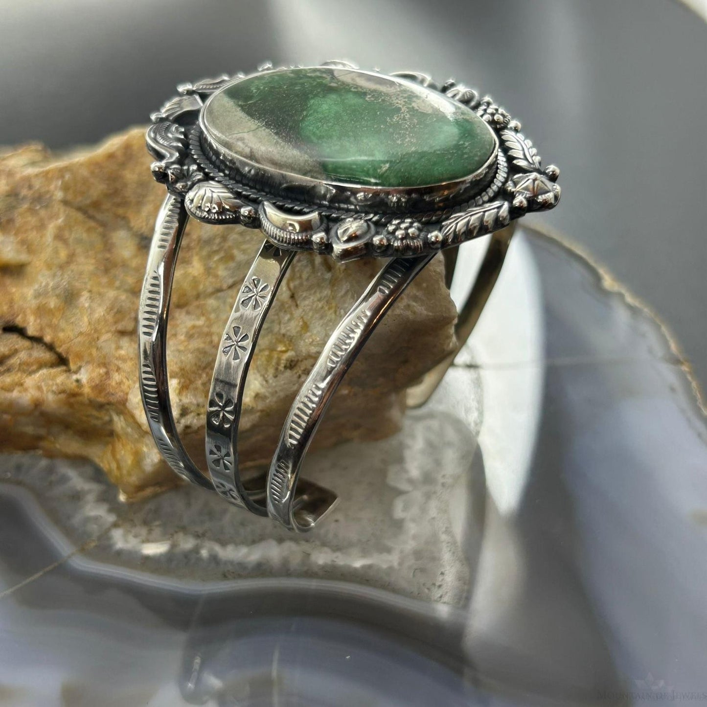Sterling Silver Southwestern Style Large Oval Variscite Bracelet For Women
