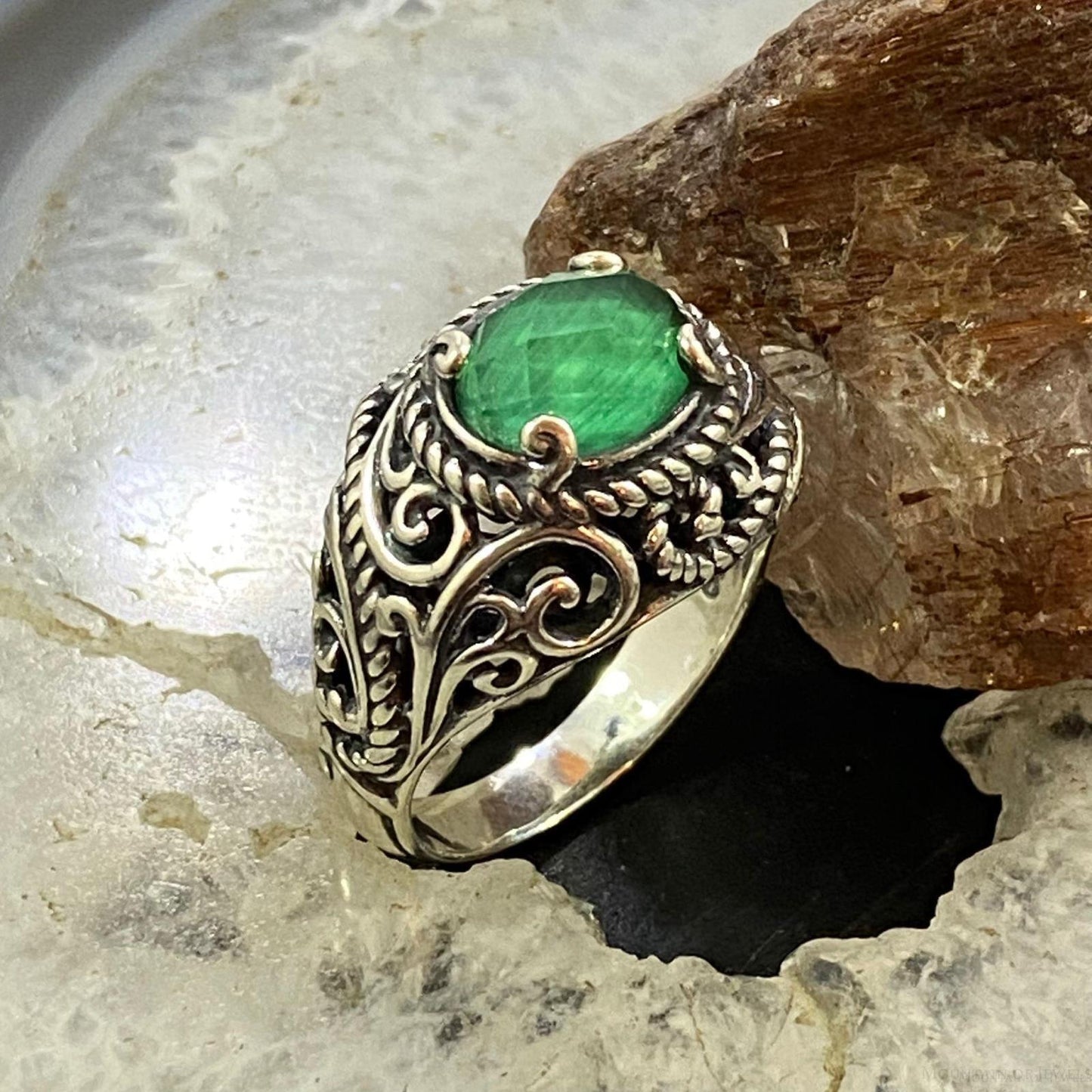 Carolyn Pollack Sterling Silver Oval Malachite & Quartz Decorated Doublet Ring For Women