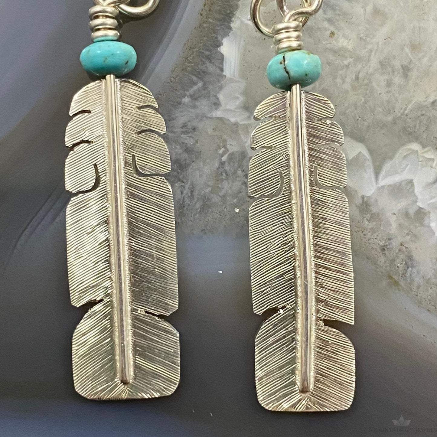 David Kuticka Native American Sterling Silver Feather w/Turq Dangle Earrings #2