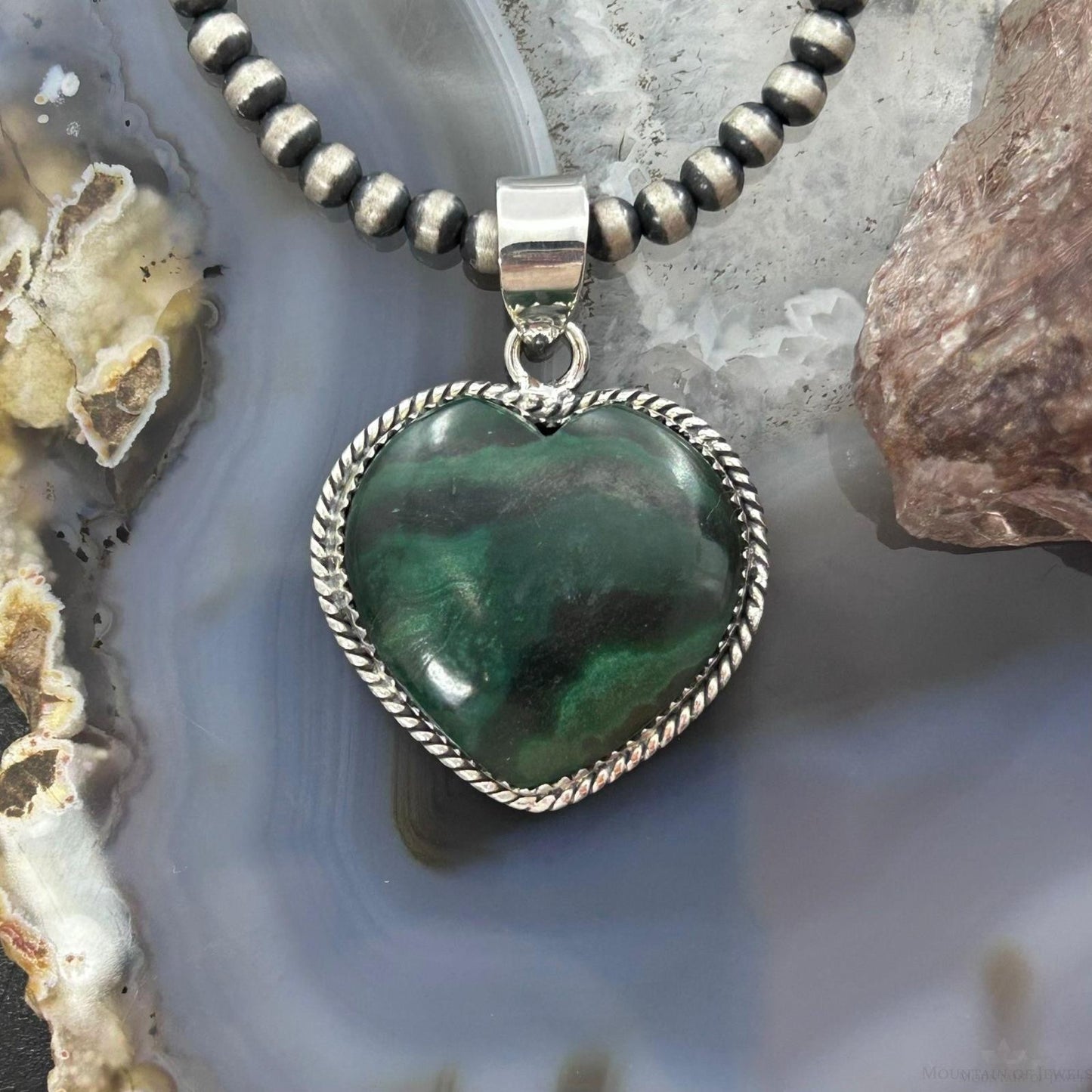 Sterling Silver Southwestern Style Malachite Heart Pendant For Women