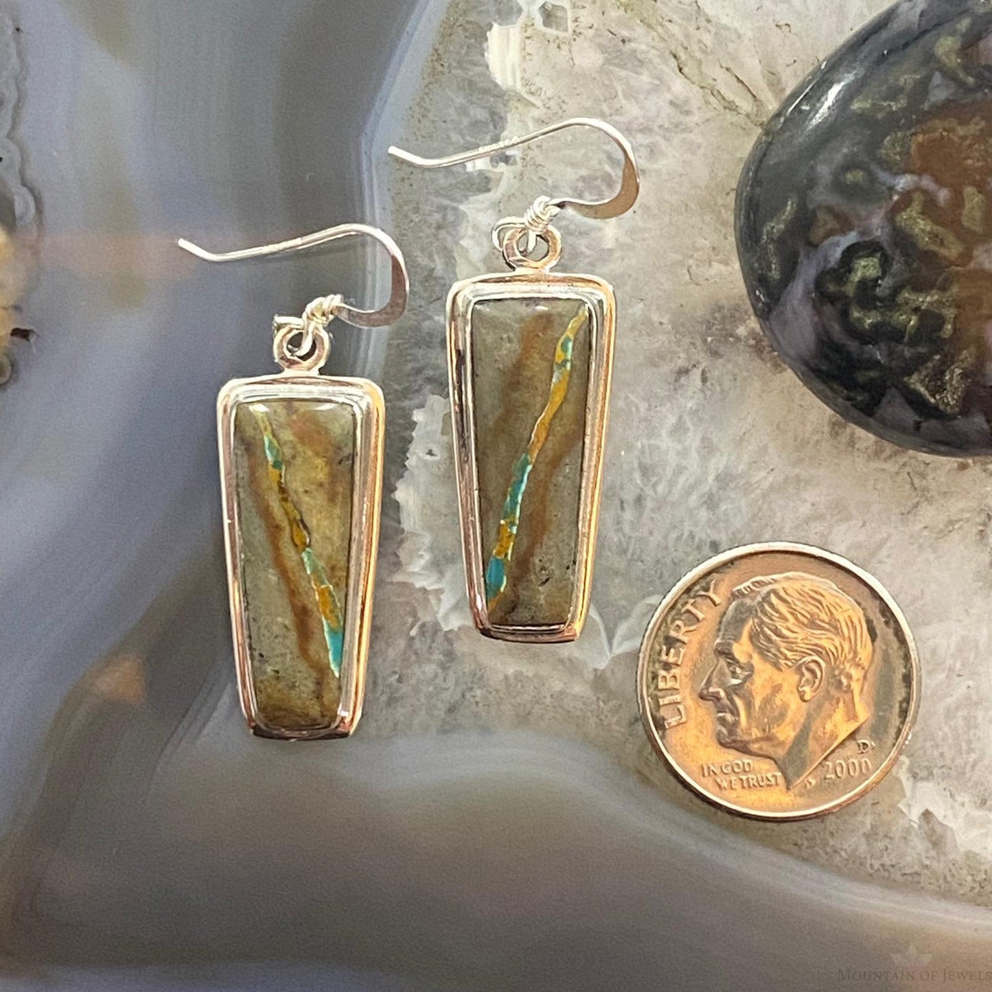 Native American Sterling Trapezoid Boulder Ribbon Turquoise Dangle Earrings #1