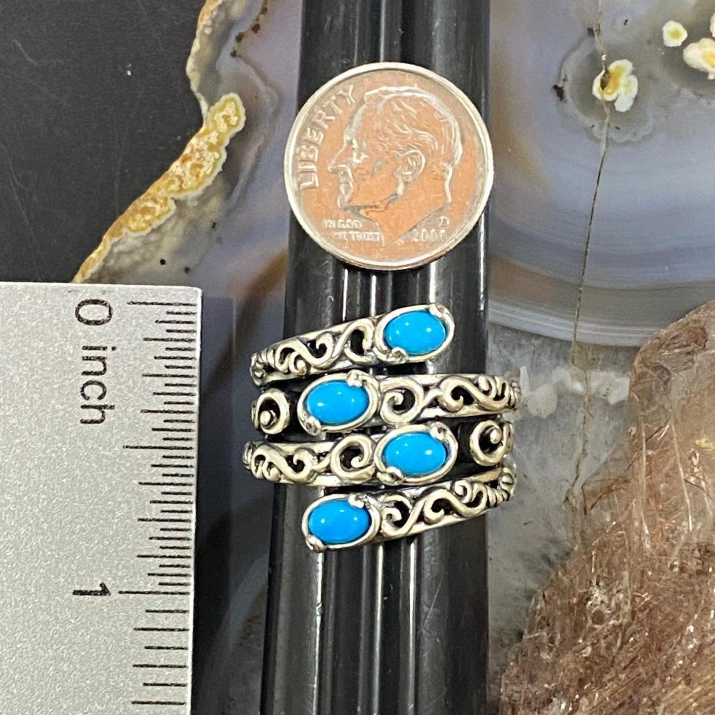 Carolyn Pollack Sterling Silver 4 Sleeping Beauty Turquoise Decorated Ring For Women