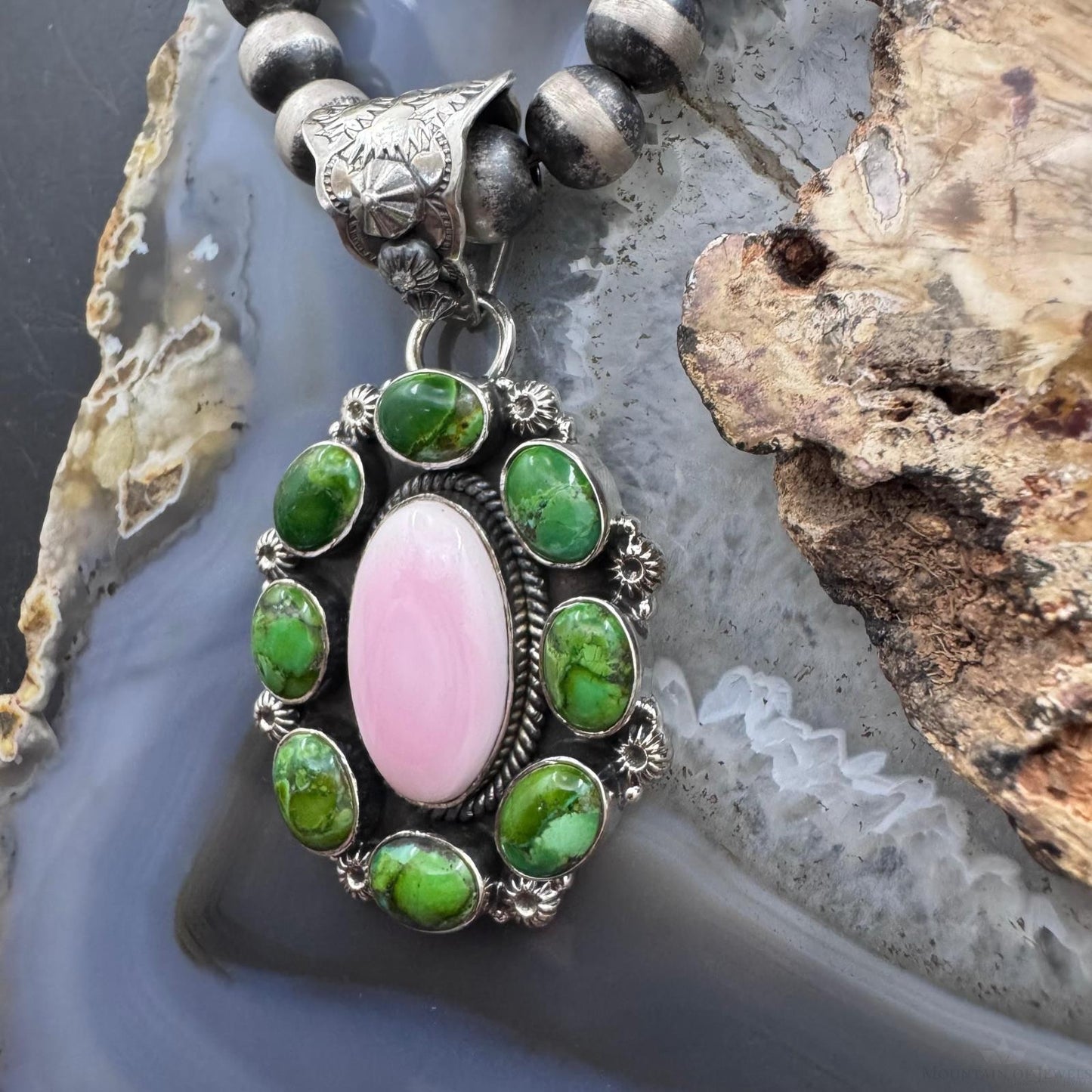 Native American Sterling Silver Sonora Gold Turquoise & Pink Conch Cluster Pendant For Women