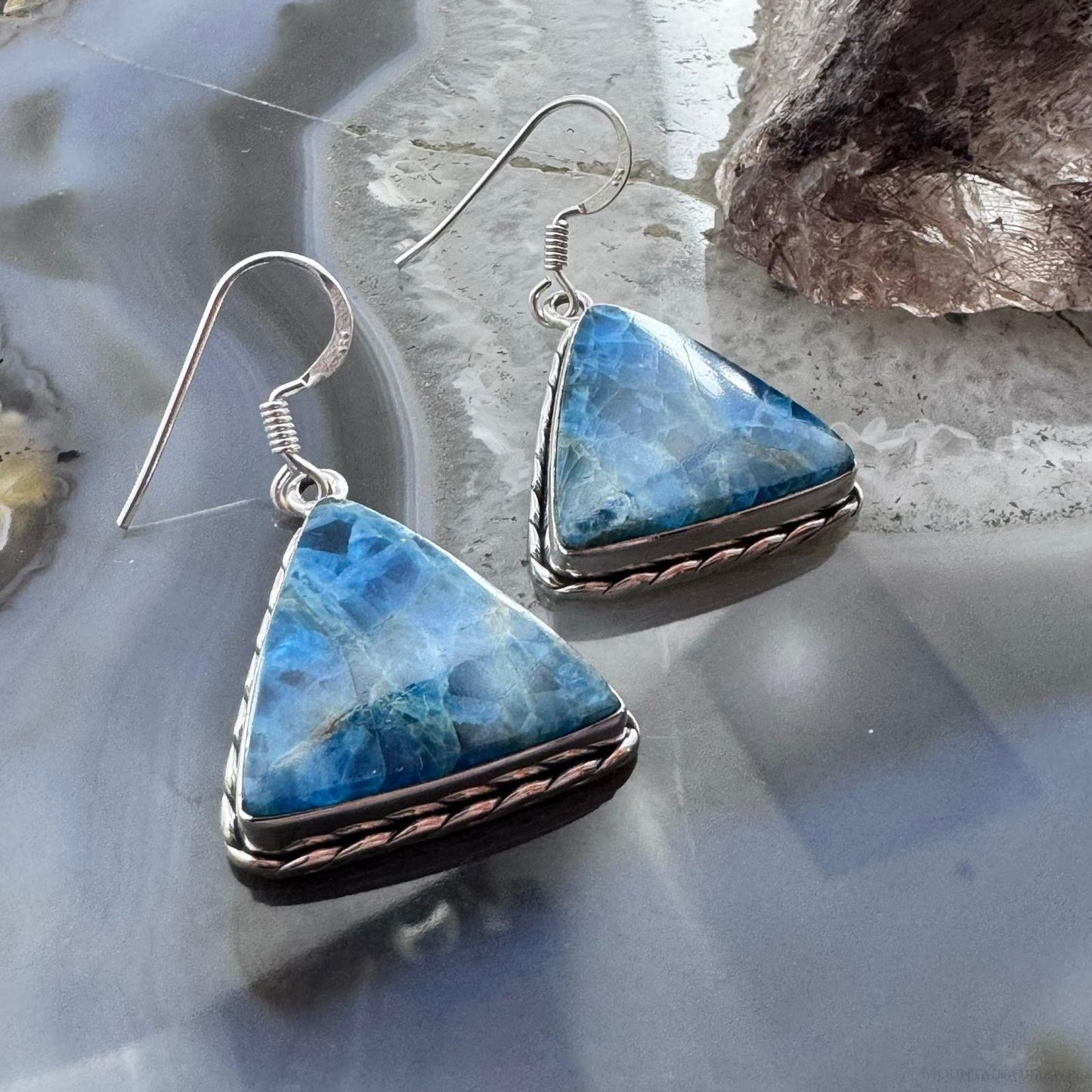 Sterling Silver Southwestern Style Triangle Blue Apatite Dangle Earrings For Women