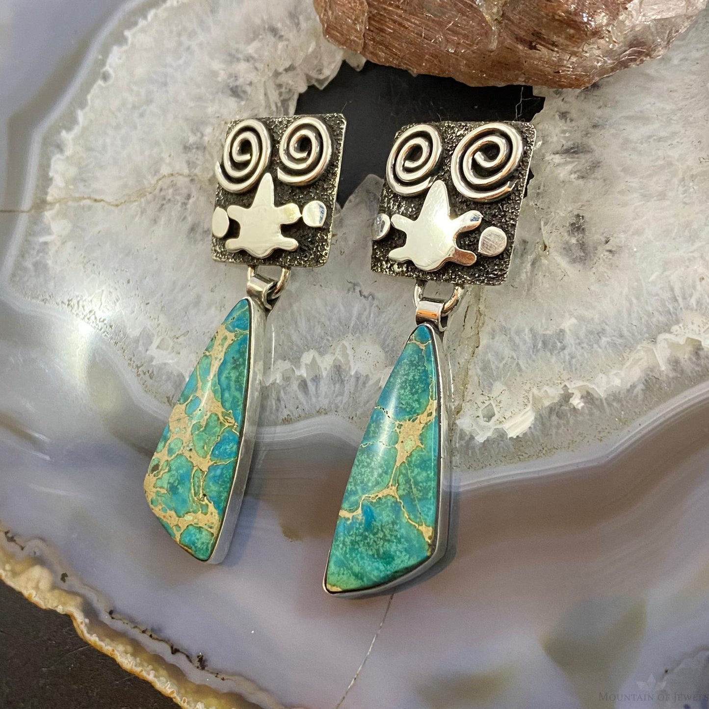 Alex Sanchez Native American Sterling Silver Blue Sediment Petroglyph Dangle Earrings For Women