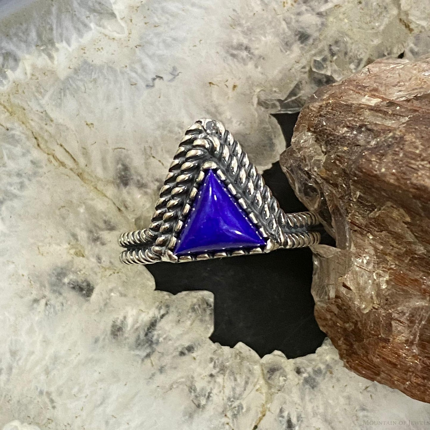 Carolyn Pollack Southwestern Style Sterling Silver Triangle Lapis Lazuli Decorated Ring For Women