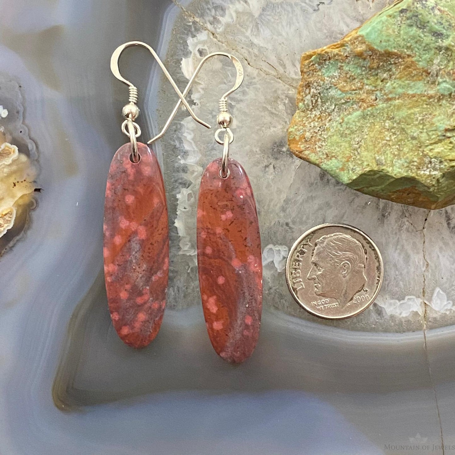 Sterling Silver Oval River Jasper Slab Dangle Earrings For Women