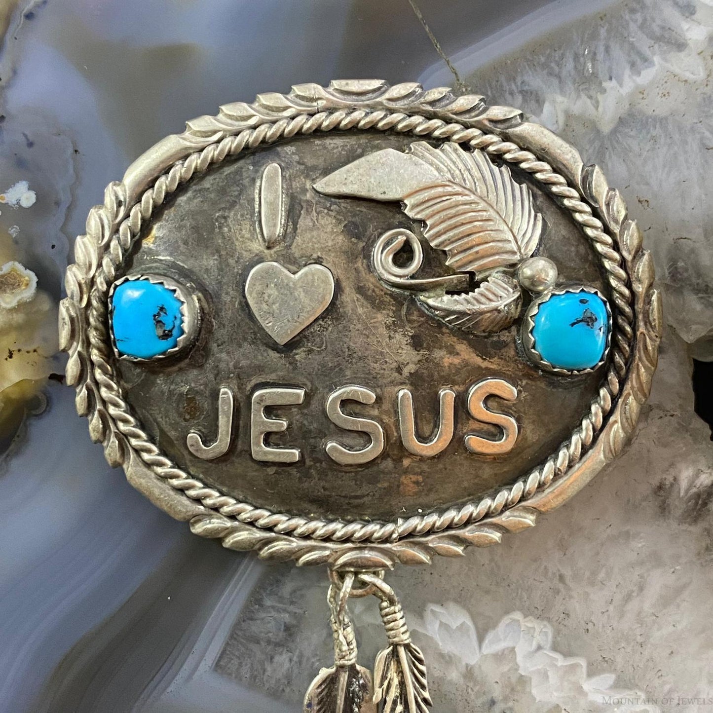 Vintage Signed Native American Sterling Silver Turquoise "I Love Jesus" Brooch