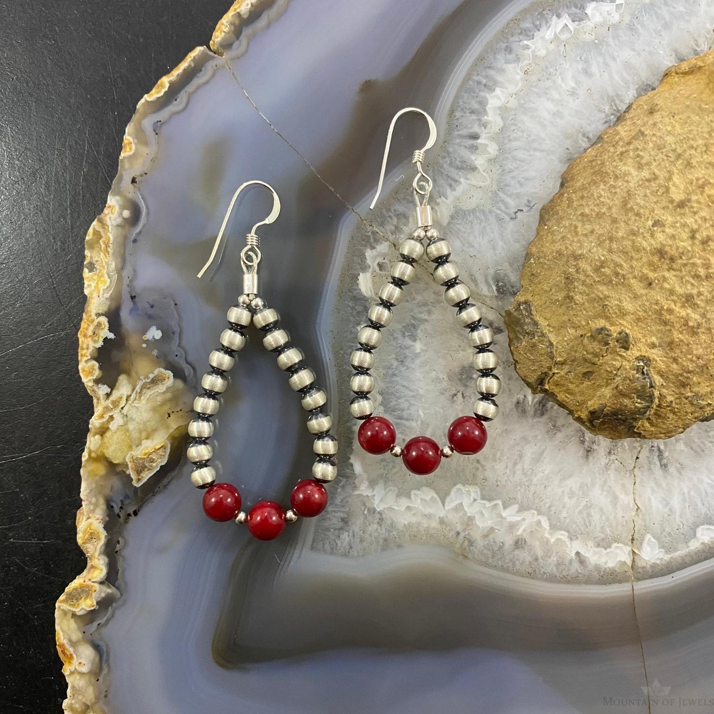 Navajo Pearl & Bamboo Coral Bead Graduated 4-6 mm Sterling Hoop Dangle Earrings