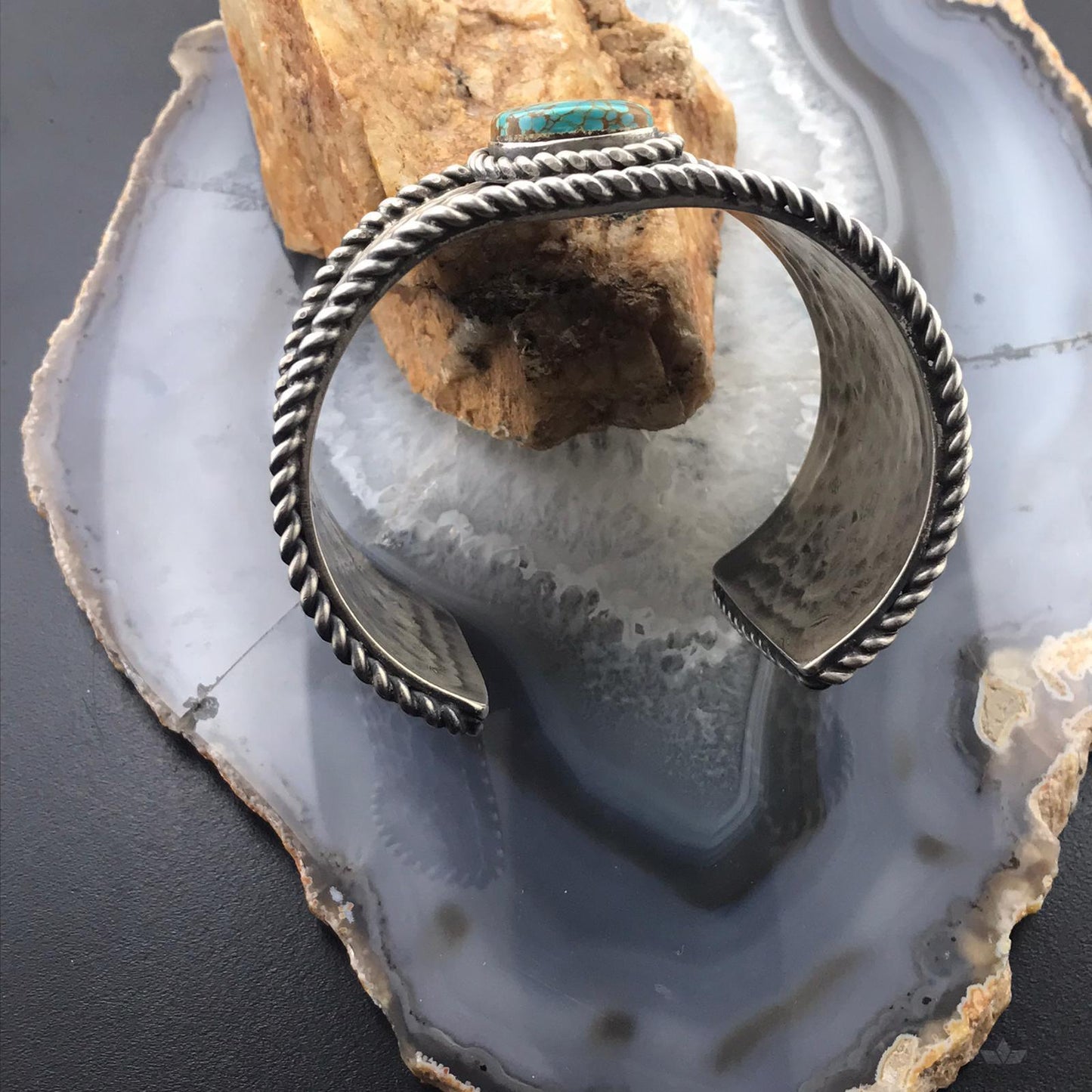 Tawney Cruz-Willie Sterling Silver Hammered Texture Turquoise Heavy Bracelet