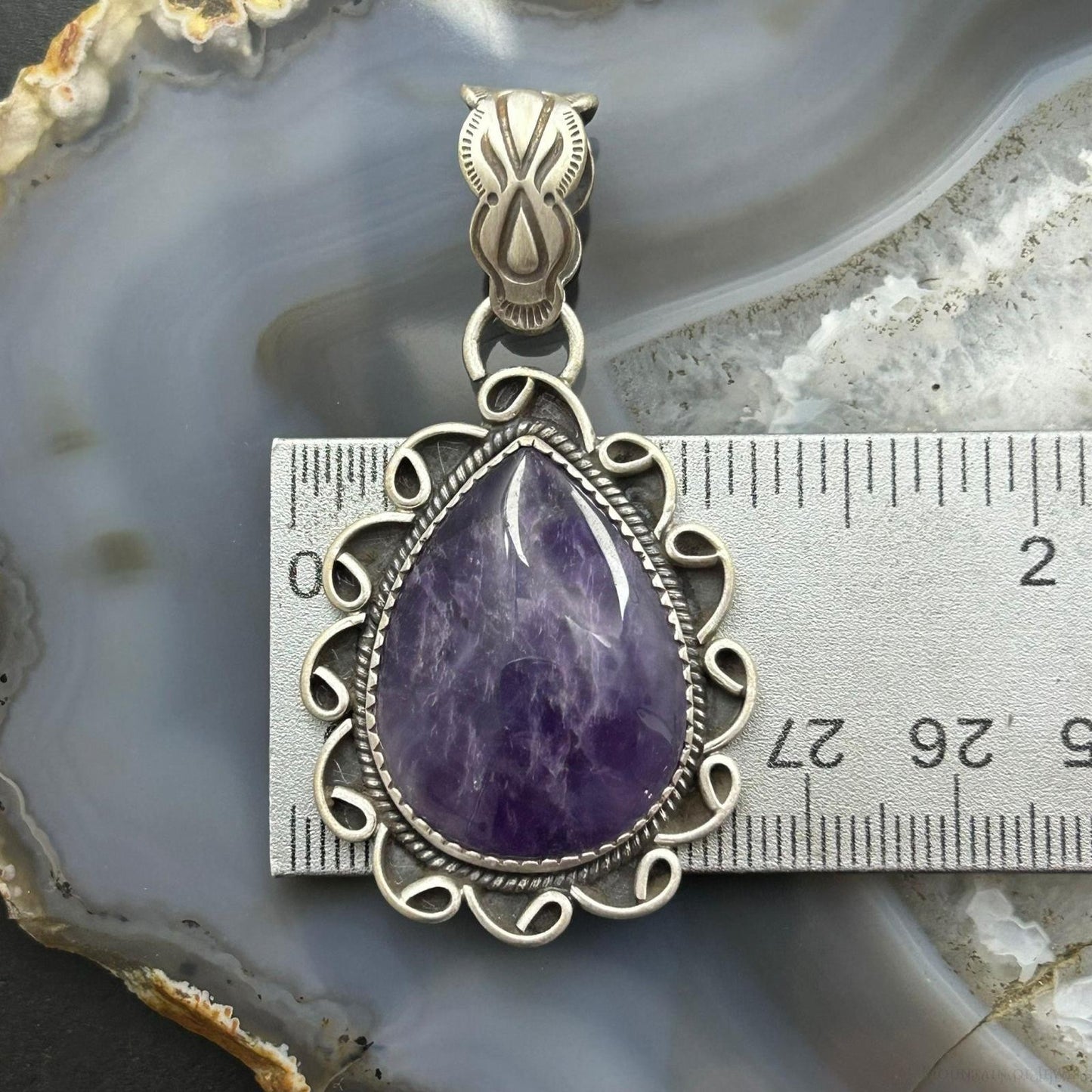 Sterling Silver Southwestern Style Teardrop Charoite Decorated Pendant For Women