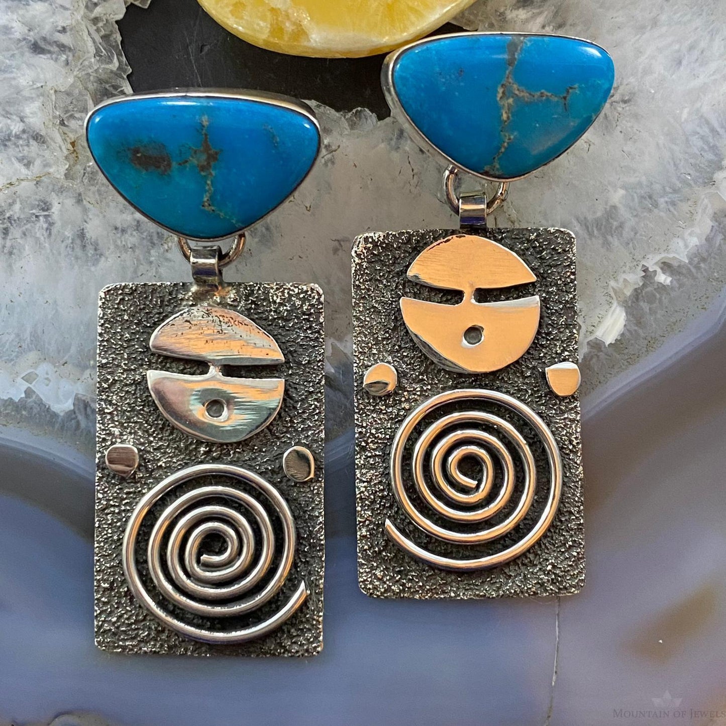 Alex Sanchez Native American Sterling Turquoise Petroglyph Dangle Earrings #2