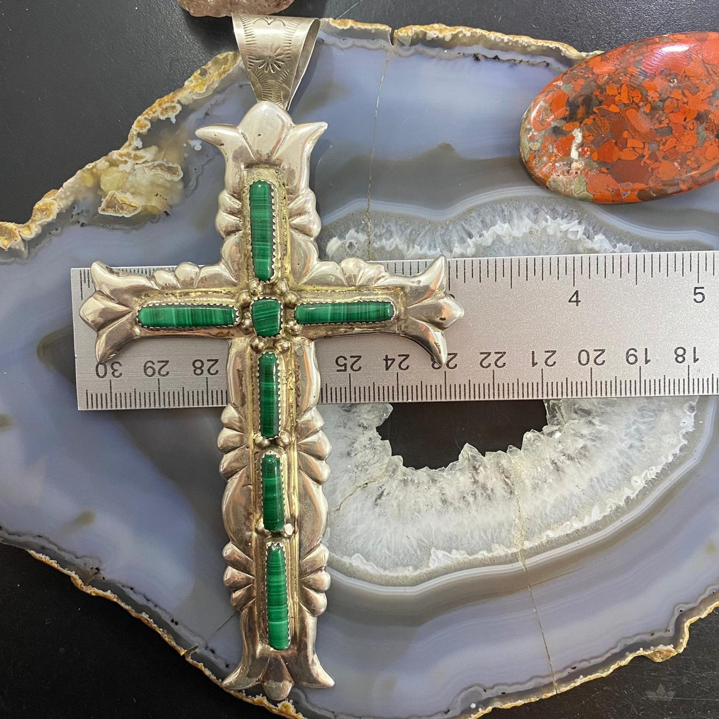G & L Leekity Vintage Sterling Silver Sandcast Malachite Unisex Cross Pendant