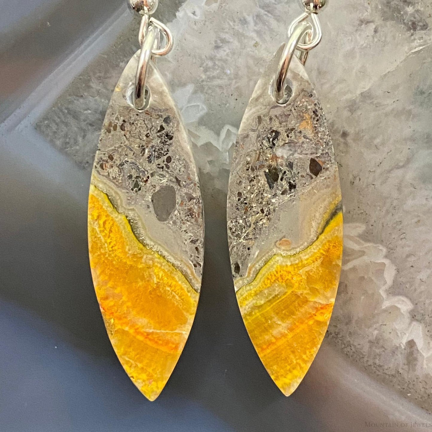 Sterling Silver Marquise Bumblebee Jasper Slab Dangle Earrings For Women #064