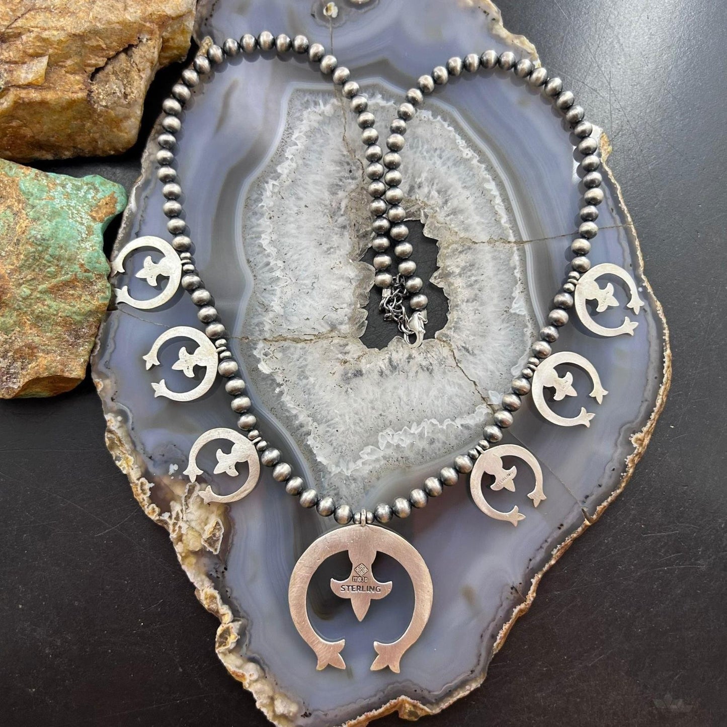 Sterling Silver Southwestern Style 6 Small Naja & Large Naja Squash Blossom Necklace For Women