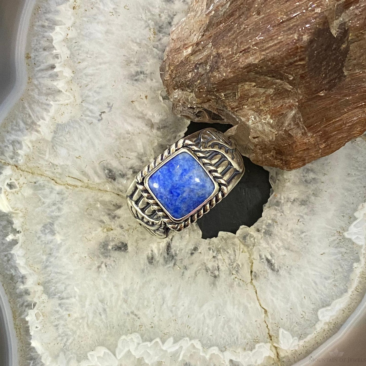 Carolyn Pollack Southwestern Style Sterling Silver Denim Lapis Heavy Decorated Unisex Shield Ring