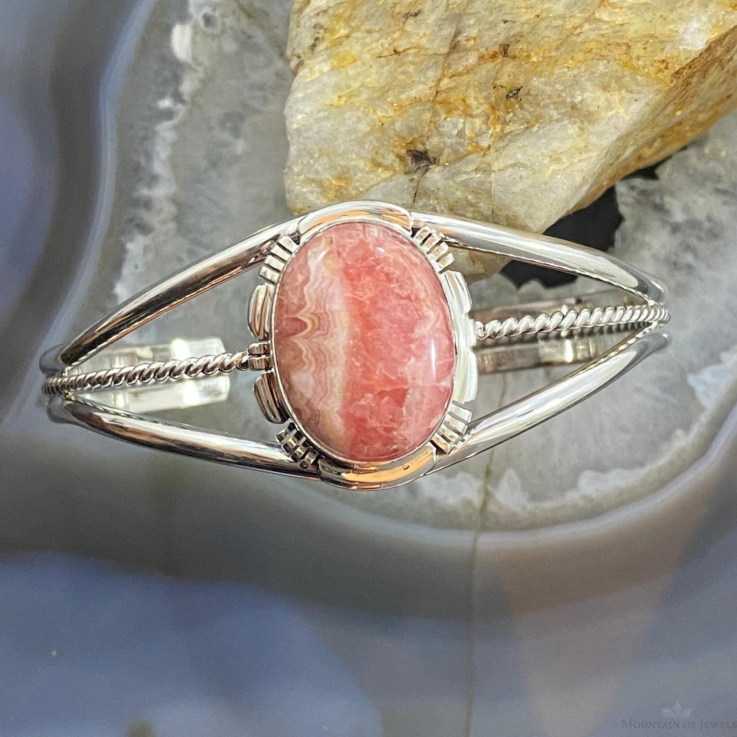 Abel Cone Sterling Silver Oval Rhodochrosite Decorated Bracelet For Women