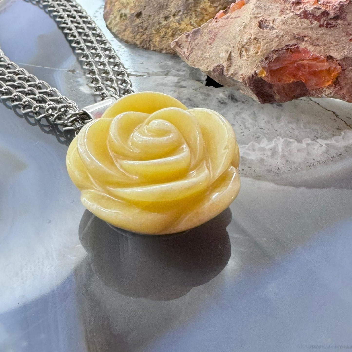 Carolyn Pollack Sterling Silver Carved Yellow Jasper Rose Pendant With Chain Necklace For Women