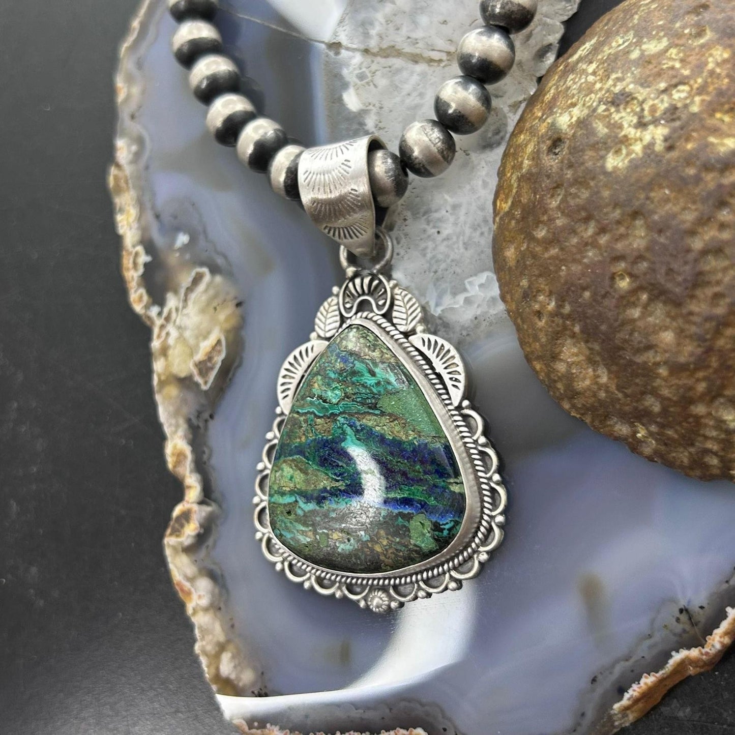 Sterling Silver Southwestern Style Triangle Chrysocolla Pendant For Women