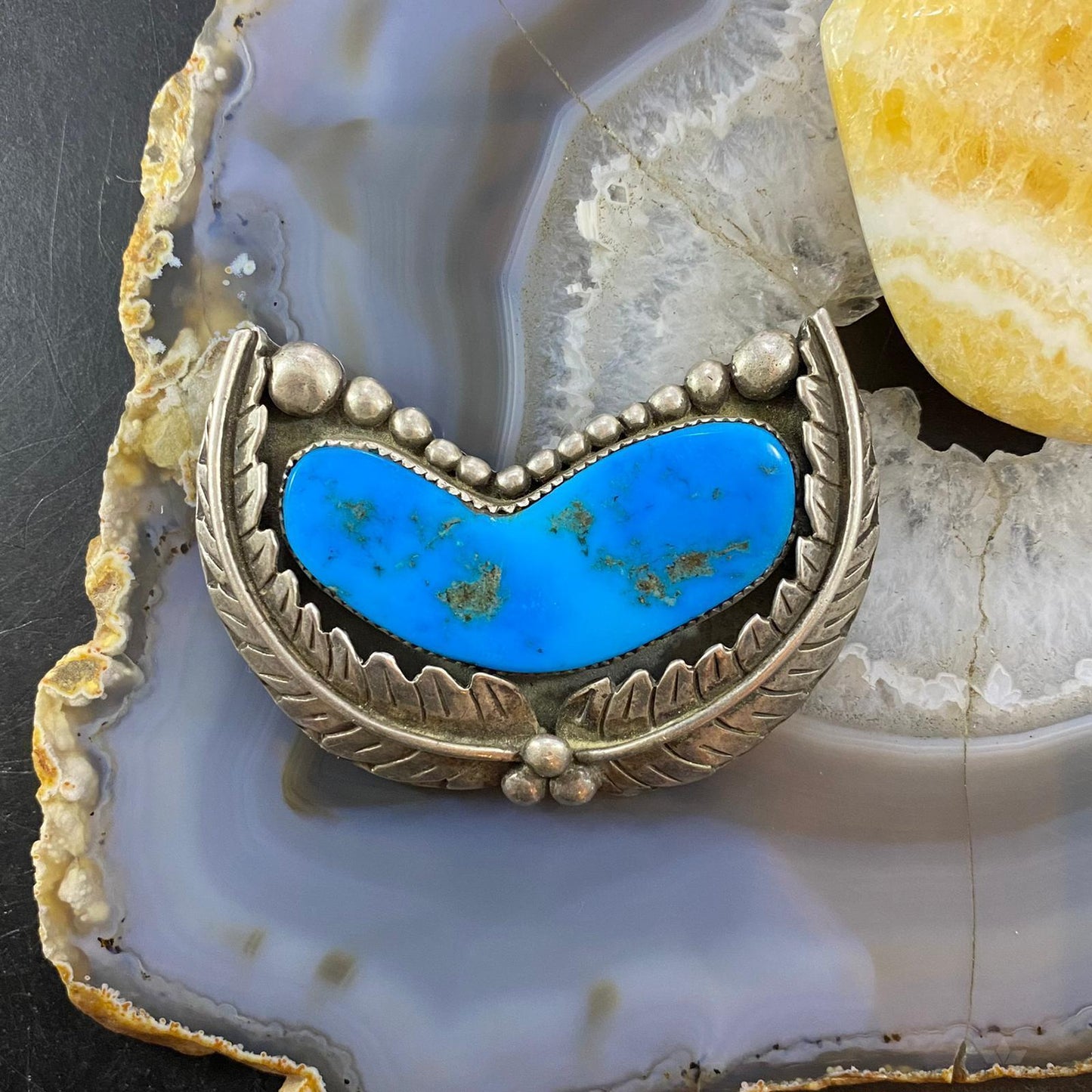 Vintage Native American Silver Turquoise and Leaves Decorated Brooch For Women
