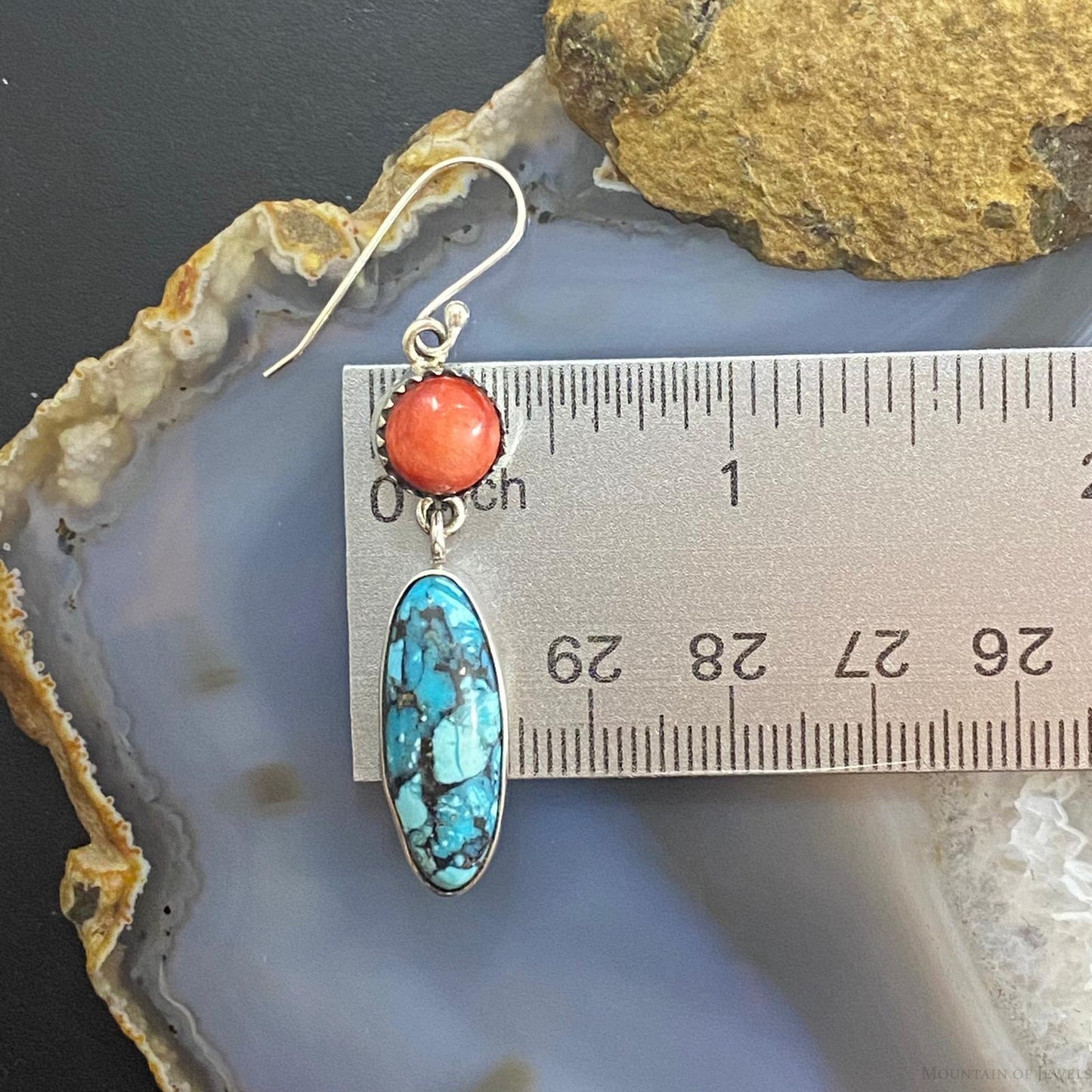 Native American Sterling Spiny Oyster & Oval Mosaic Turquoise Dangle Earrings