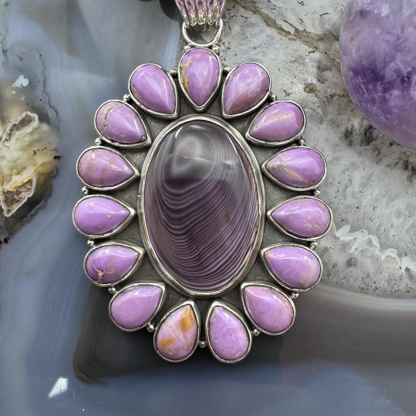 Native American Sterling Silver Wampum & Phosphosiderite Cluster Pendant For Women