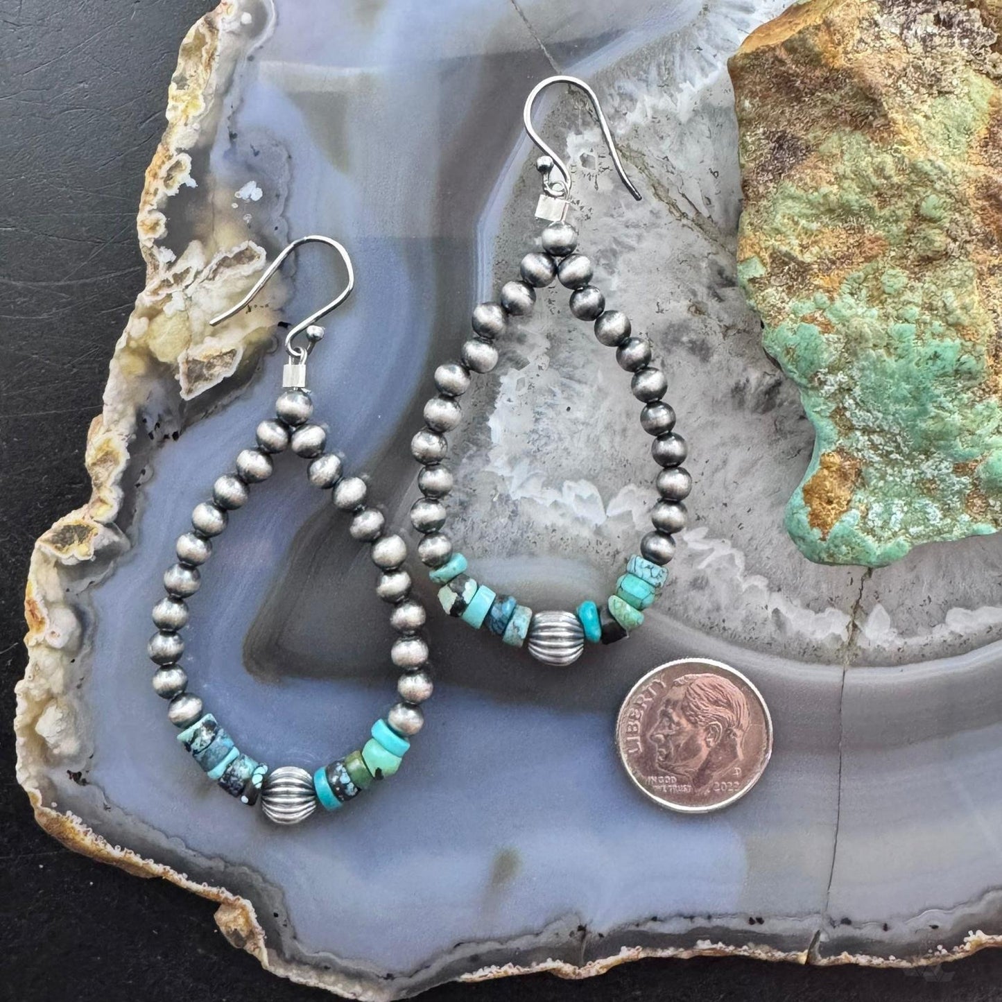 Sterling Silver Southwestern Style Navajo Pearl & Turquoise Bead Hoop Earrings For Women