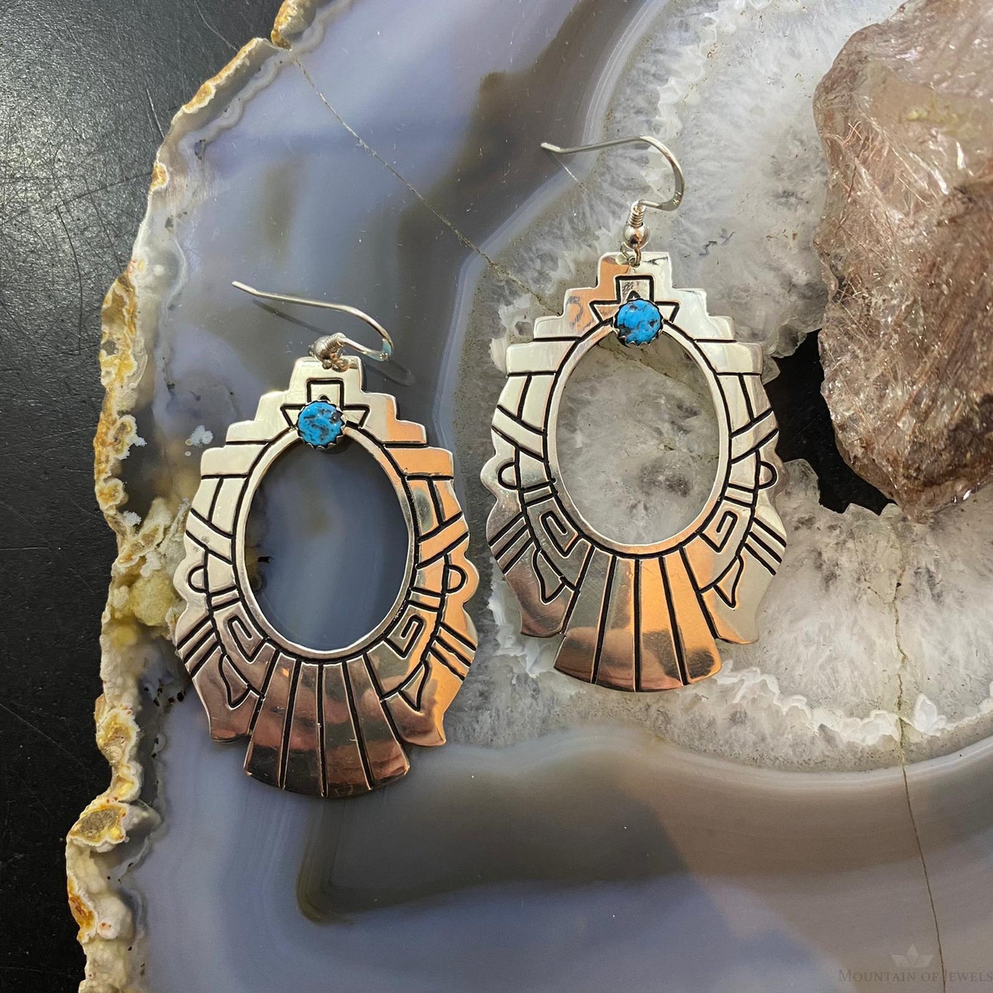 Tommy & Rosita Singer Sterling Turquoise Dot Stamped Dangle Earrings For Women