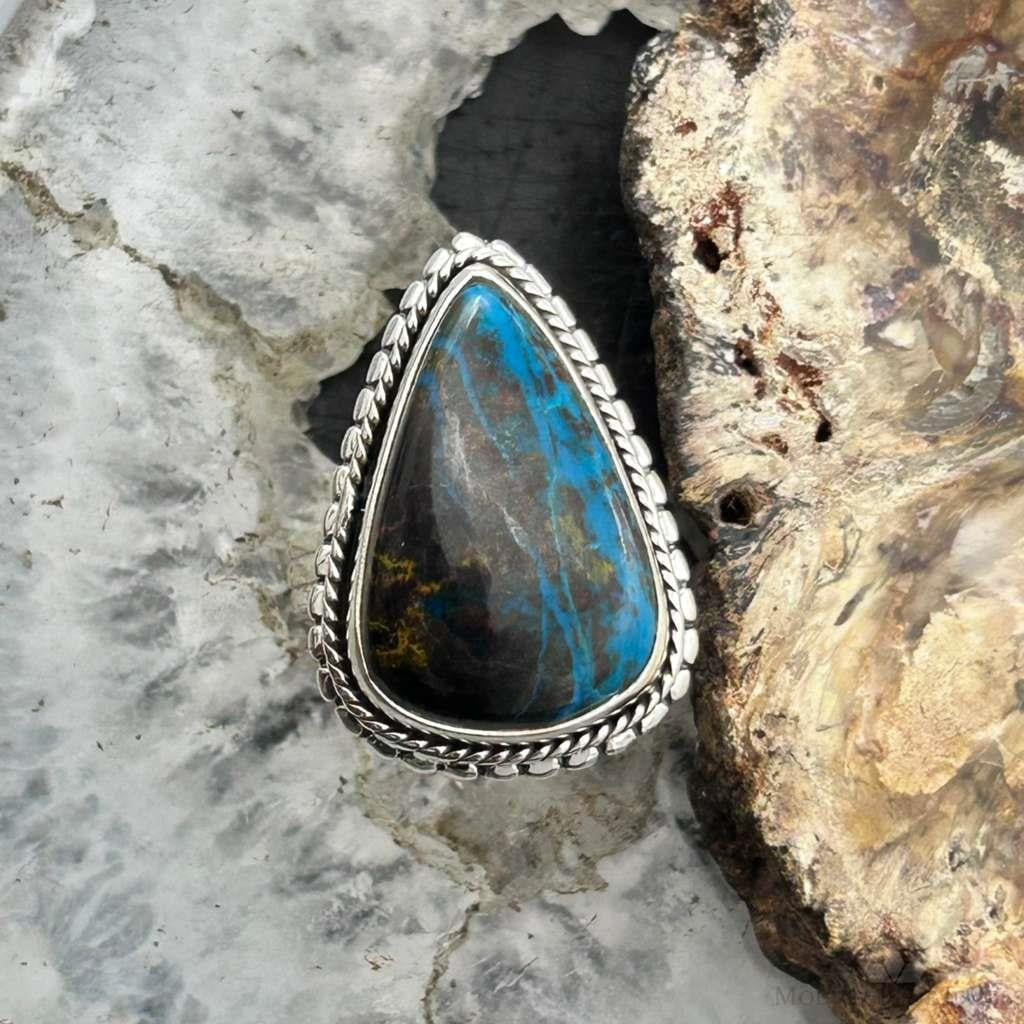 Sterling Silver Southwestern Style Teardrop Chrysocolla Decorated Ring Size 7.25 For Women
