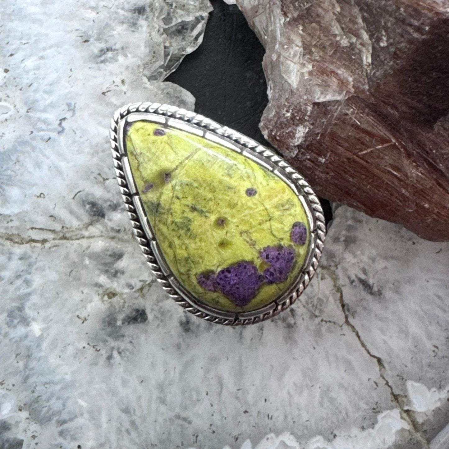 Sterling Silver Southwestern Style Teardrop Atlantisite Decorated Ring Size 9 For Women