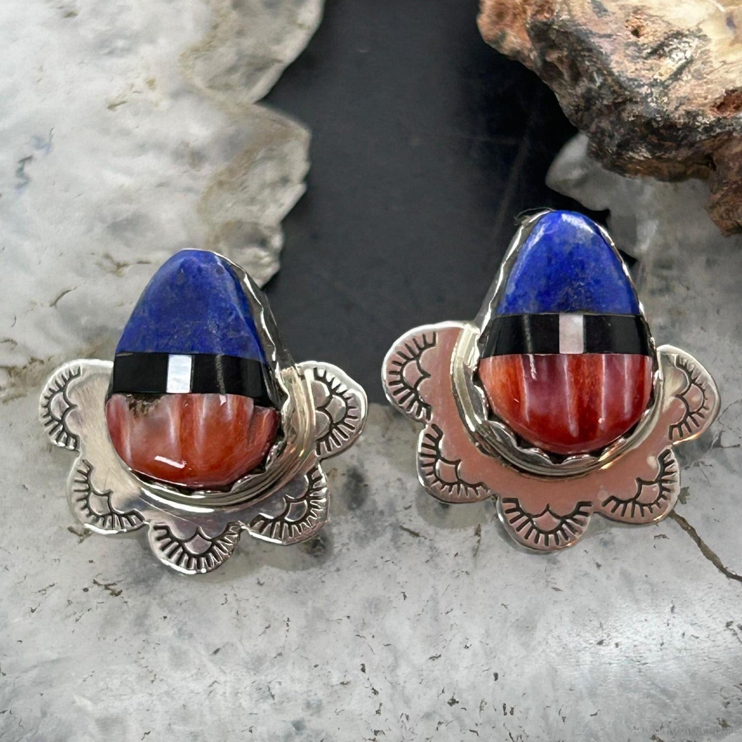 Clifton Aguilar Sterling Silver Teardrop Multistone Inlay Stud Earrings For Women