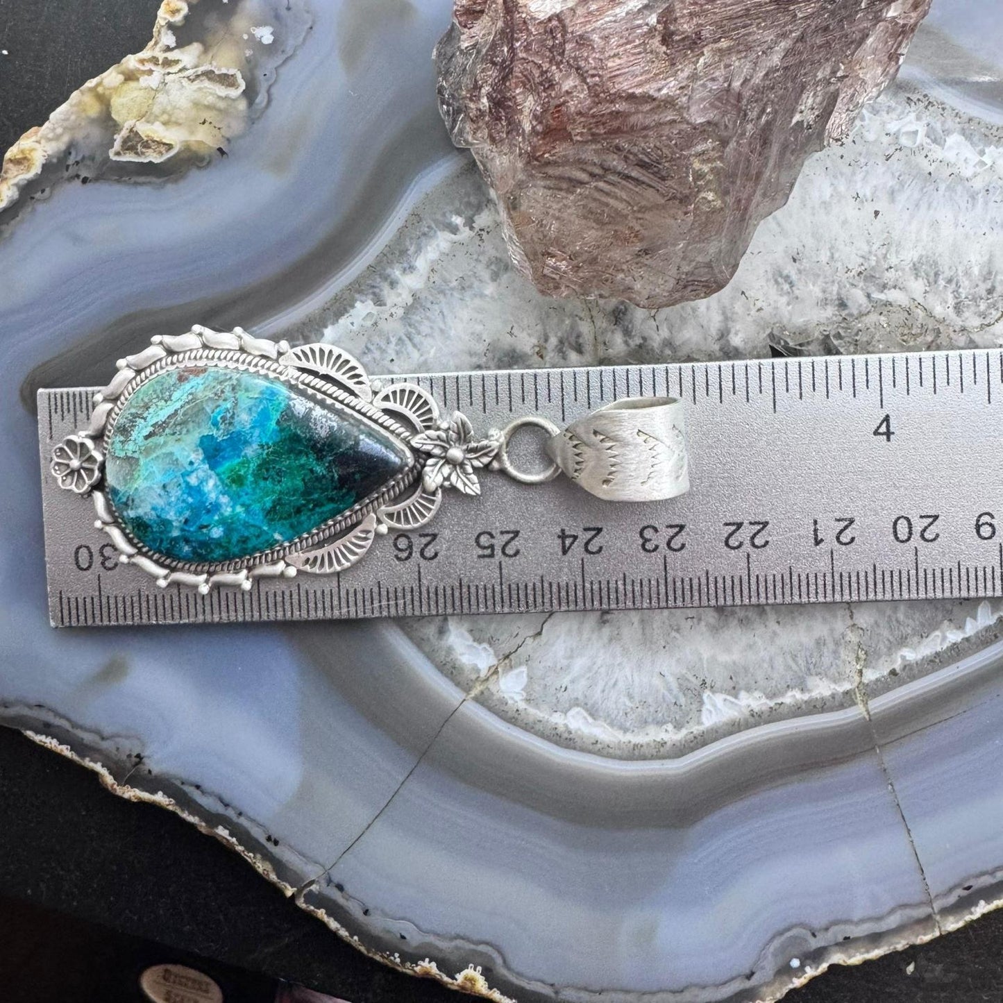 Sterling Silver Southwestern Style Elongated Teardrop Shattuckite Decorated Pendant For Women